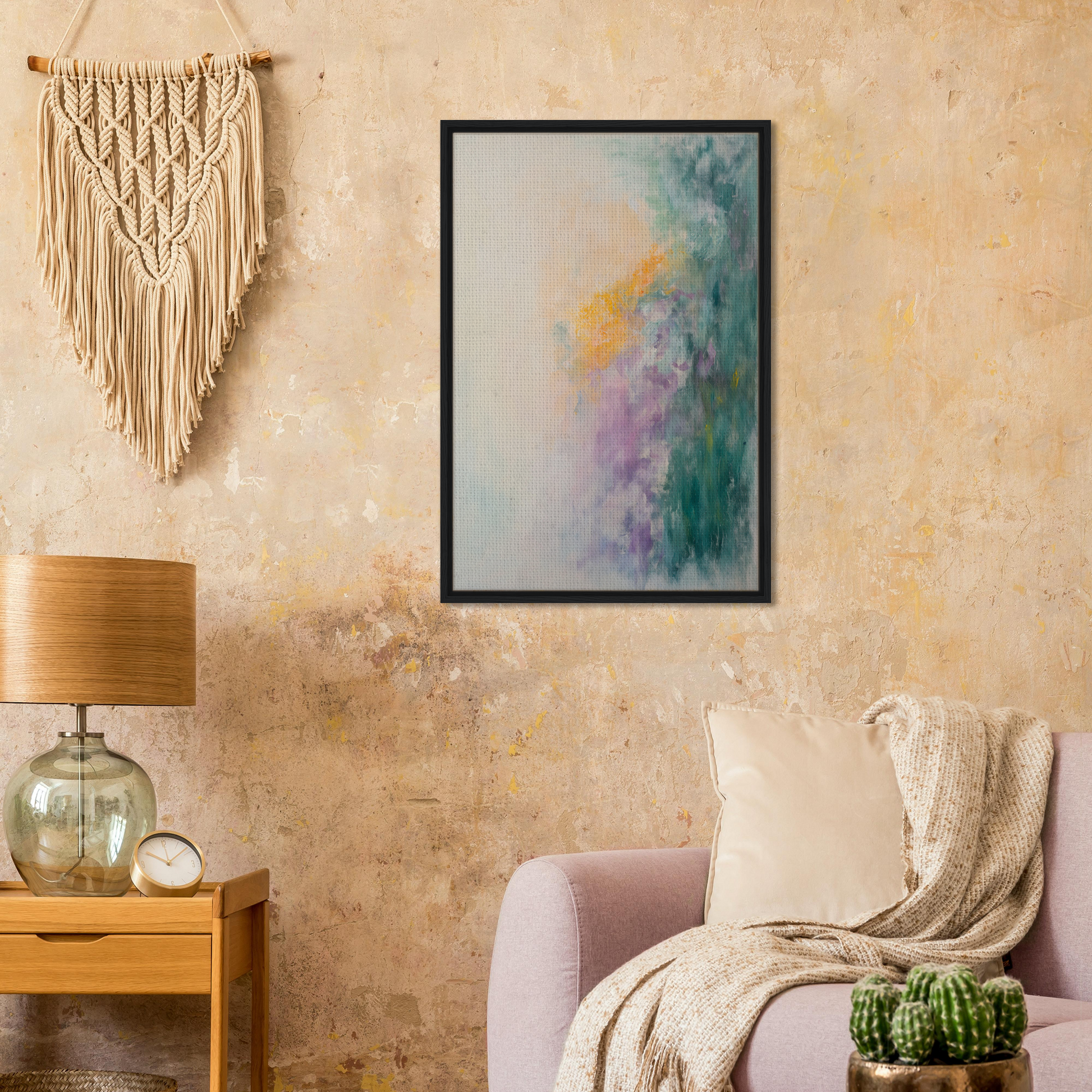 Framed abstract painting featuring green, purple, and yellow swirls for Dreamscape Tranquility room decor