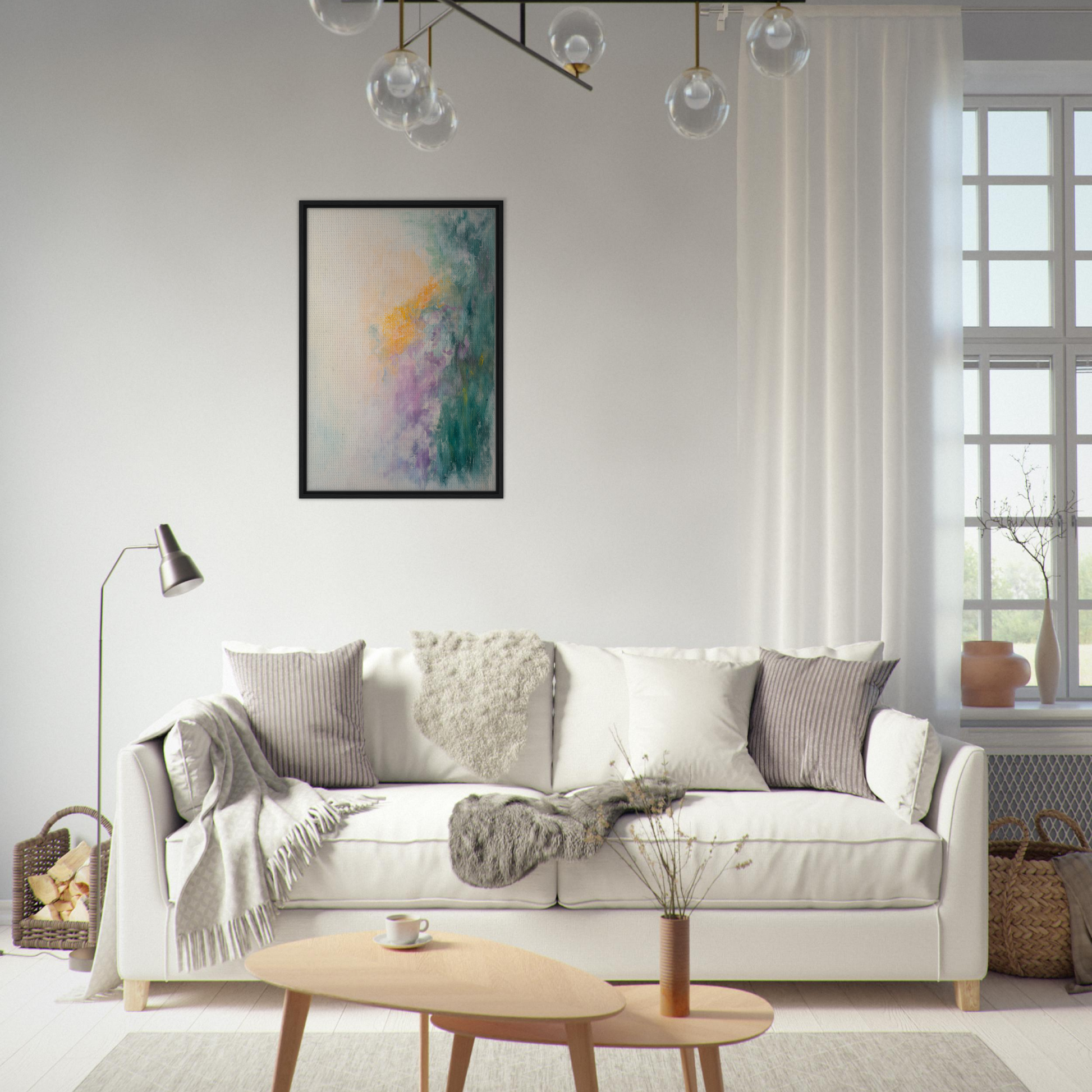 White sofa adorned with vibrant throw pillows and blankets from Dreamscape Tranquility for stylish room decor