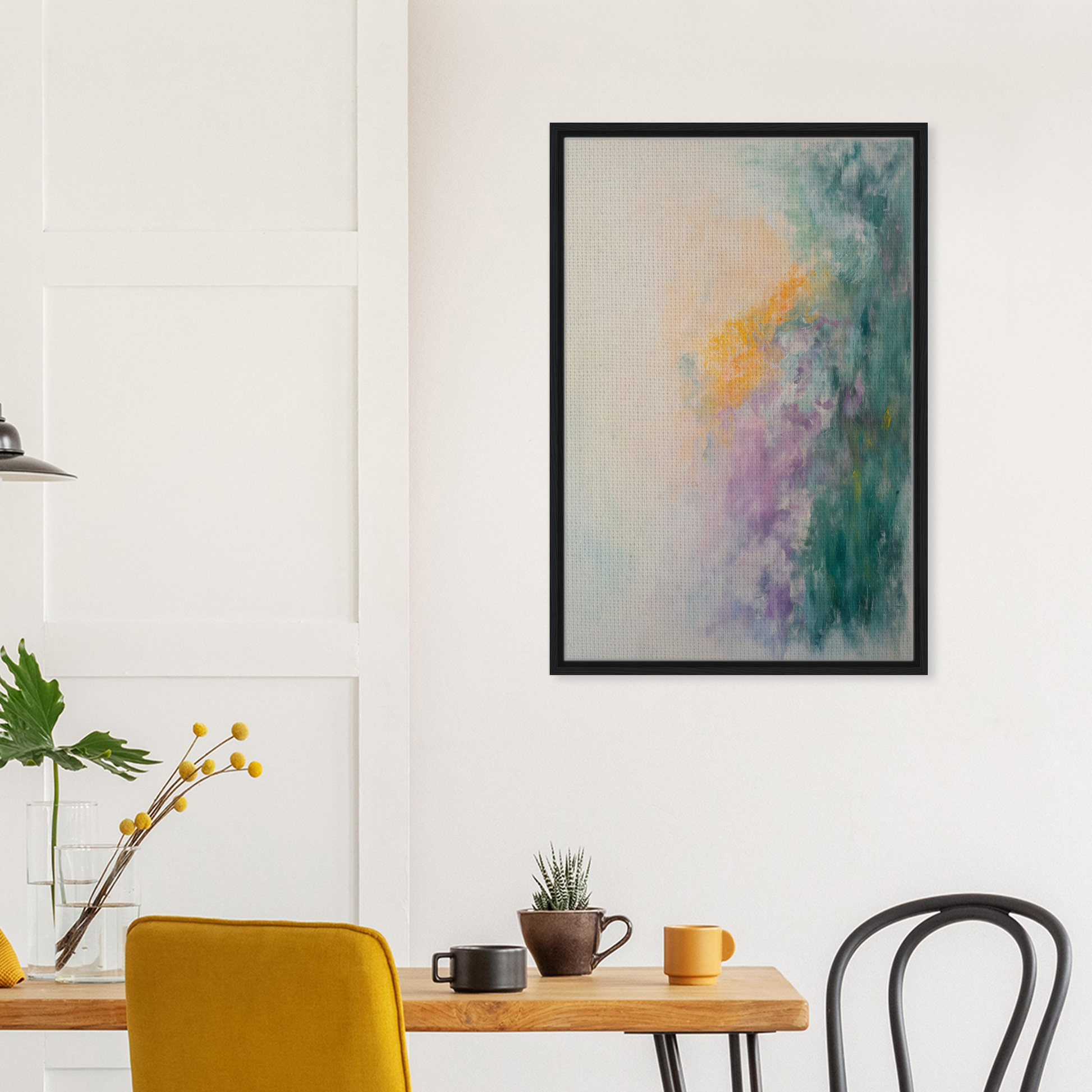 Abstract painting in soft green, purple, and yellow hues in a black frame, Dreamscape Tranquility