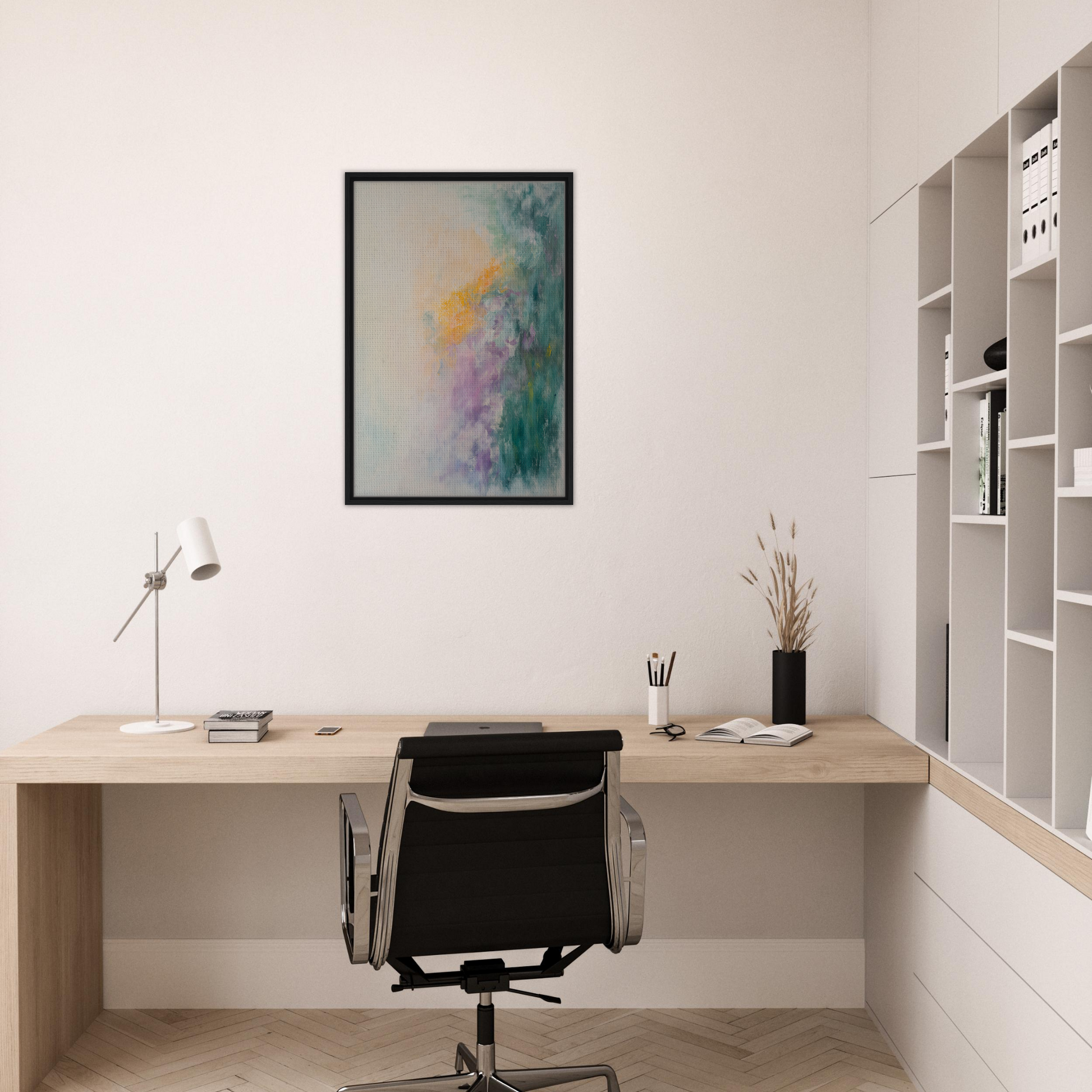 Minimalist home office with wooden desk, black chair, and abstract art for Dreamscape Tranquility