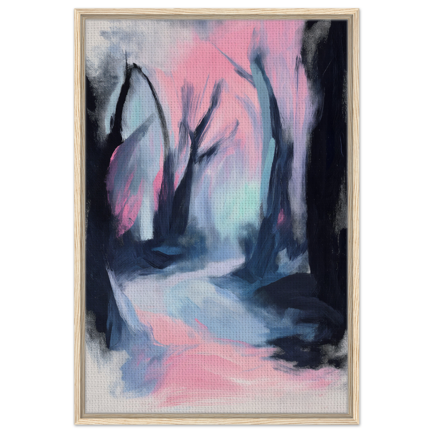 Abstract painting of a misty forest path in pink and blue tones, Dreamscape Wanderlust Enchantment