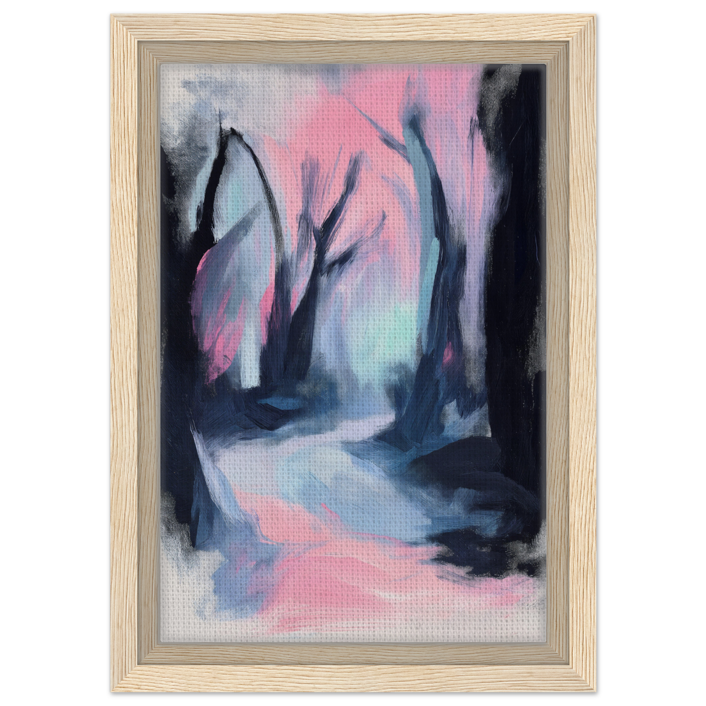 Abstract painting of a misty forest path in soft pink hues, Dreamscape Wanderlust Enchantment