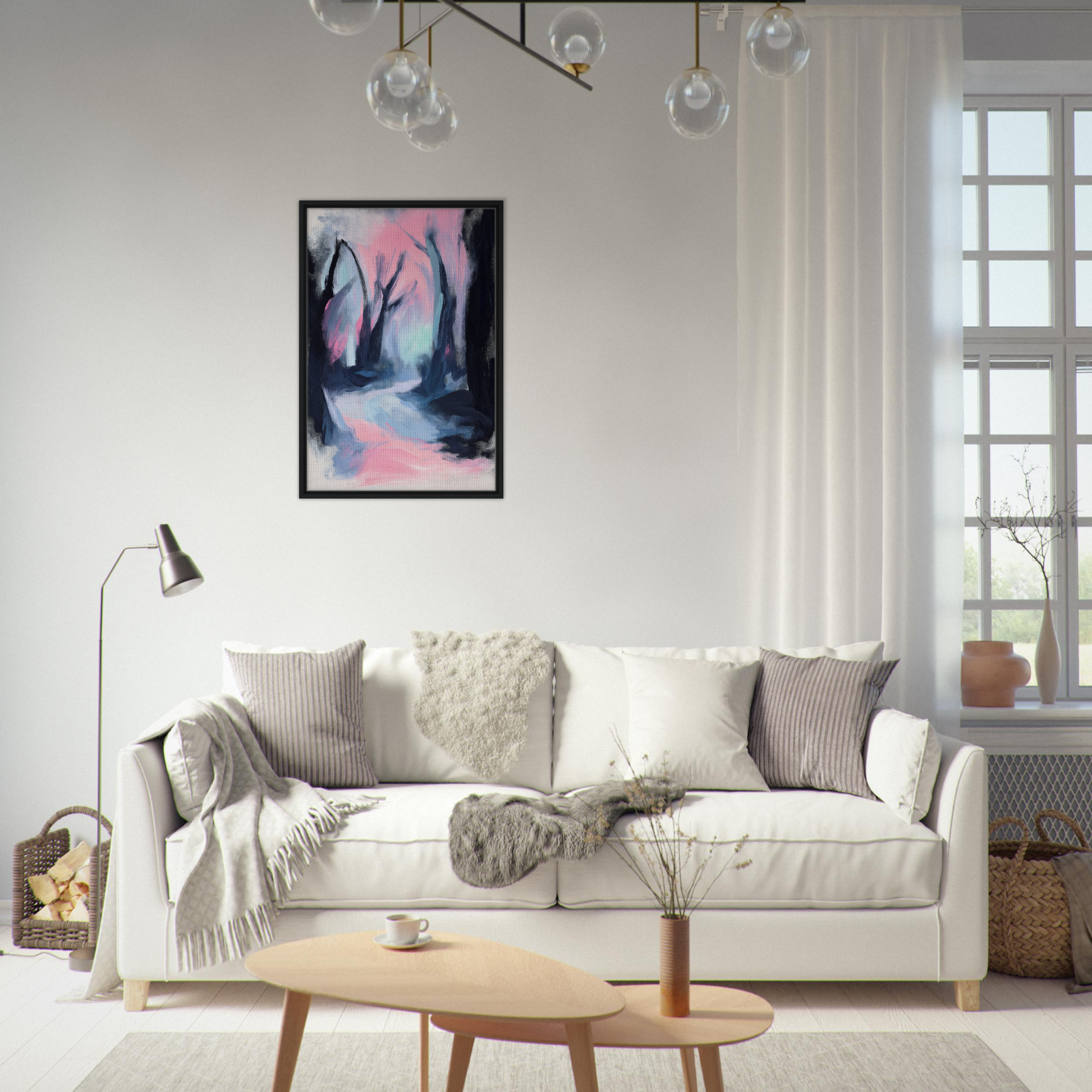 White sofa adorned with throw pillows and blankets from Dreamscape Wanderlust Enchantment