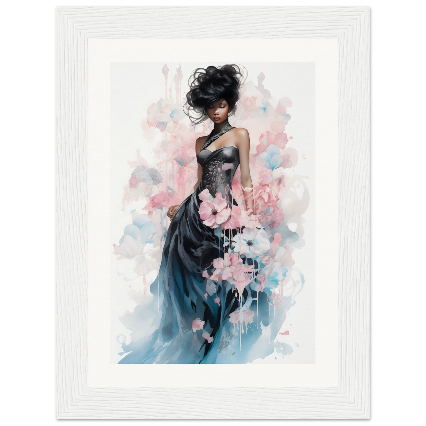 Elegant woman in a flowing dark gown adorned with soft pink floral accents.