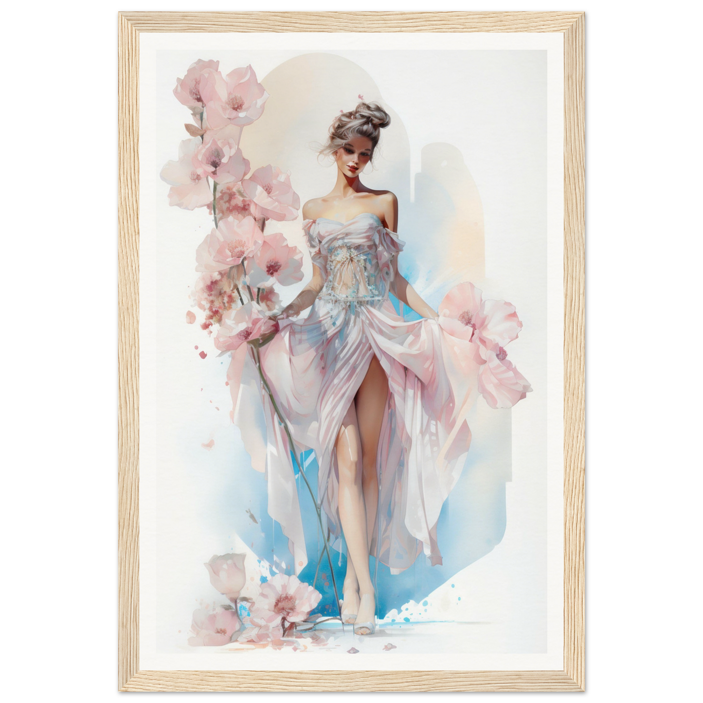 Watercolor painting of an elegant woman in a flowing dress surrounded by pink flowers.