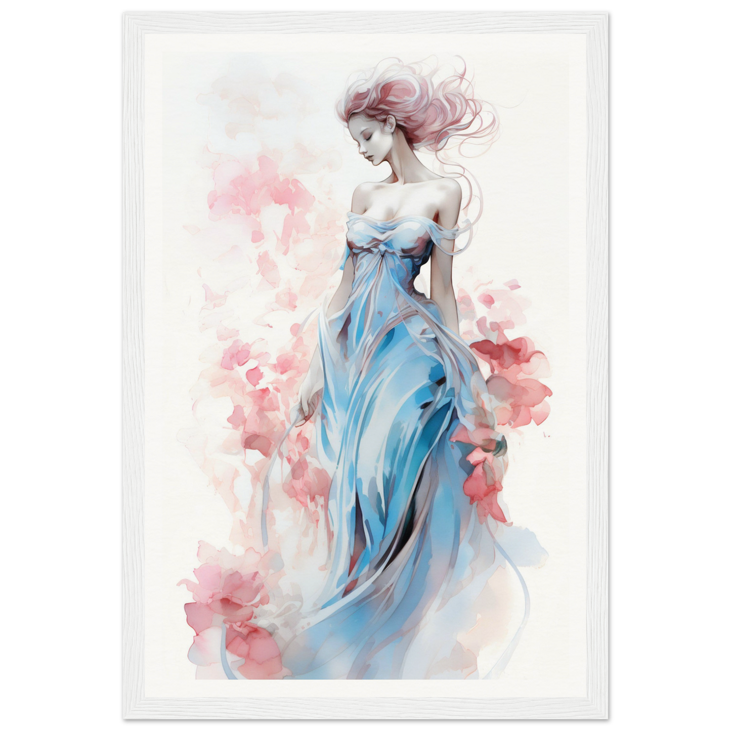 Elegant woman in a flowing blue dress with windswept pink hair.