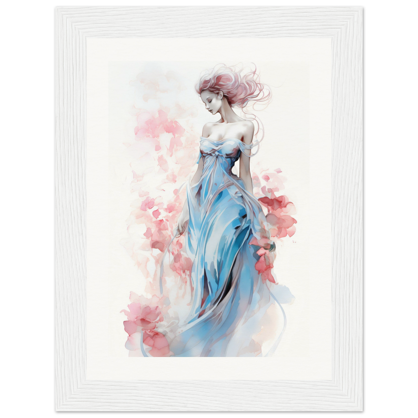 Watercolor painting of a woman in a flowing blue dress with pink floral accents.