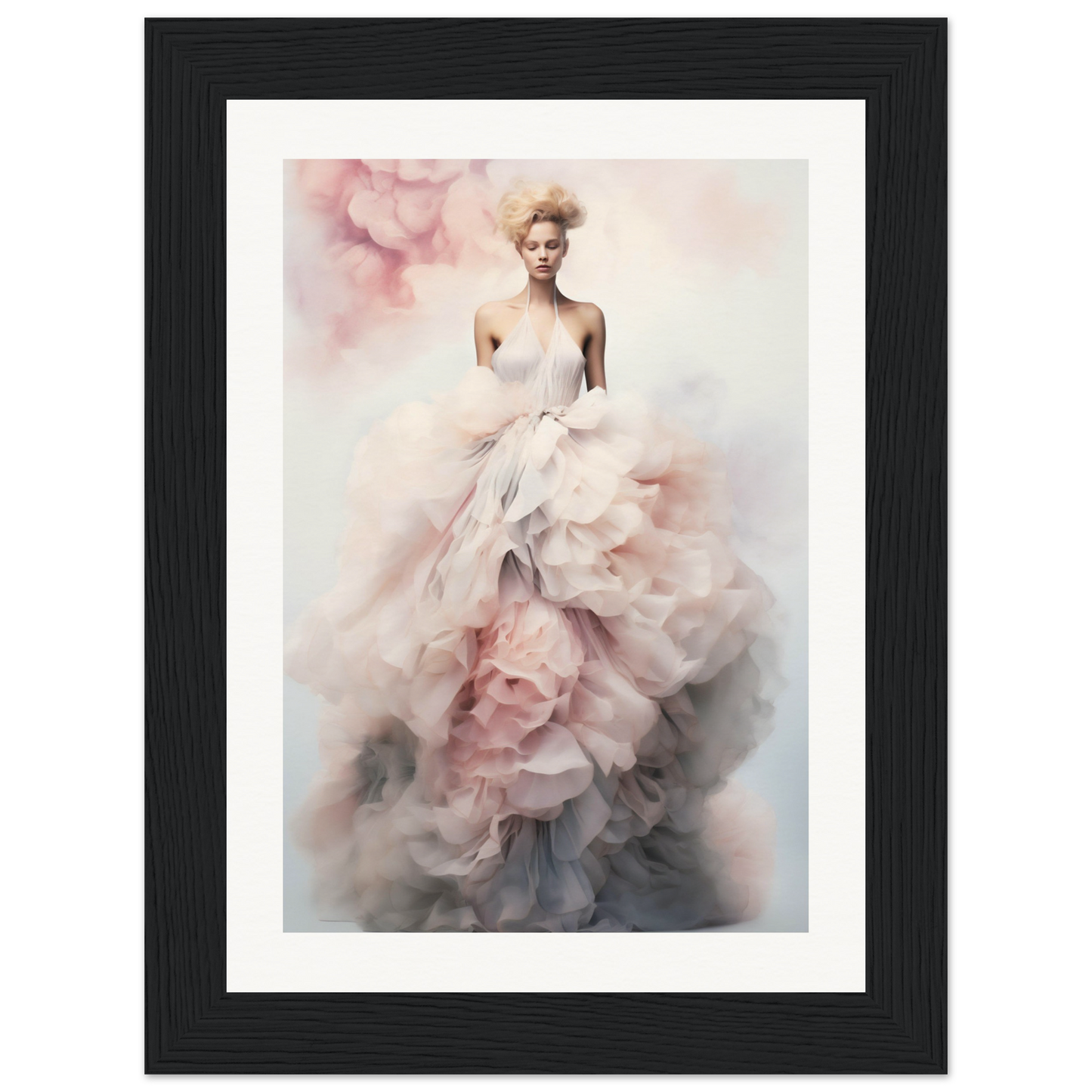 Elegant woman wearing a voluminous, ethereal gown with soft pink ruffles.