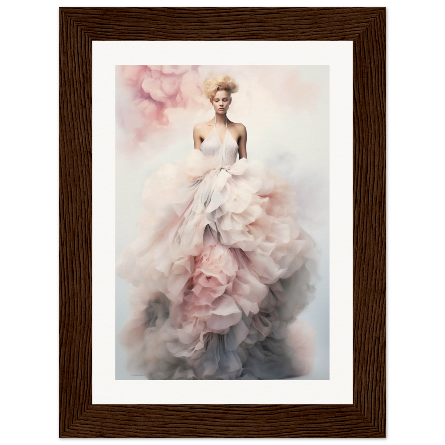Ethereal figure in a flowing, voluminous pink gown with ruffles and layers.