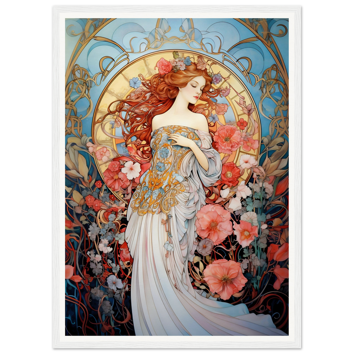 Art Nouveau-style painting of a woman with flowing red hair surrounded by floral motifs.
