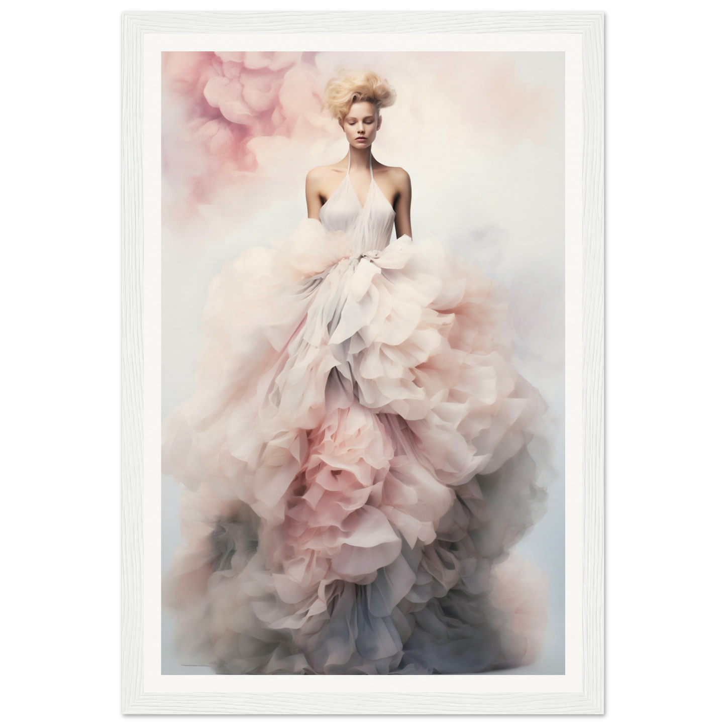 Woman wearing an ethereal, flowing white and pink gown with ruffled layers.