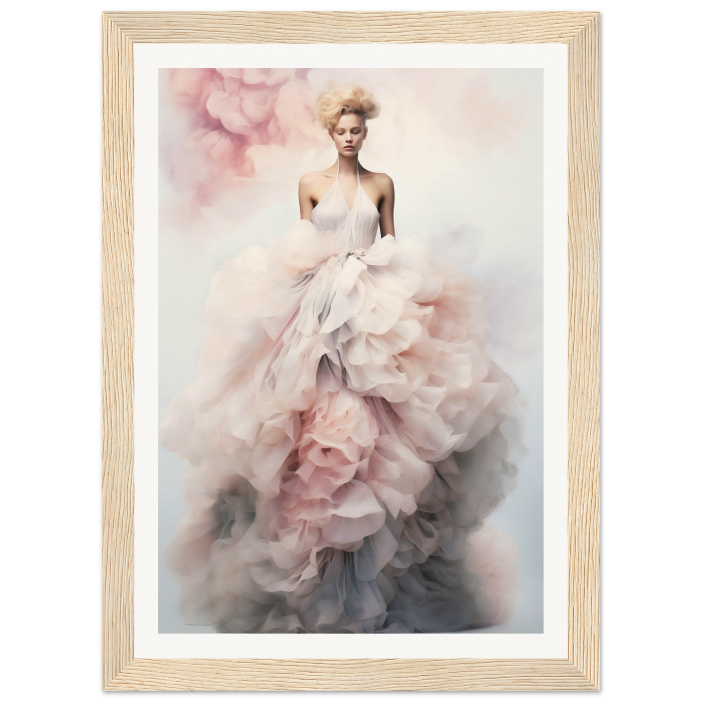 Woman wearing an ethereal, voluminous white and blush-toned gown with ruffled layers.