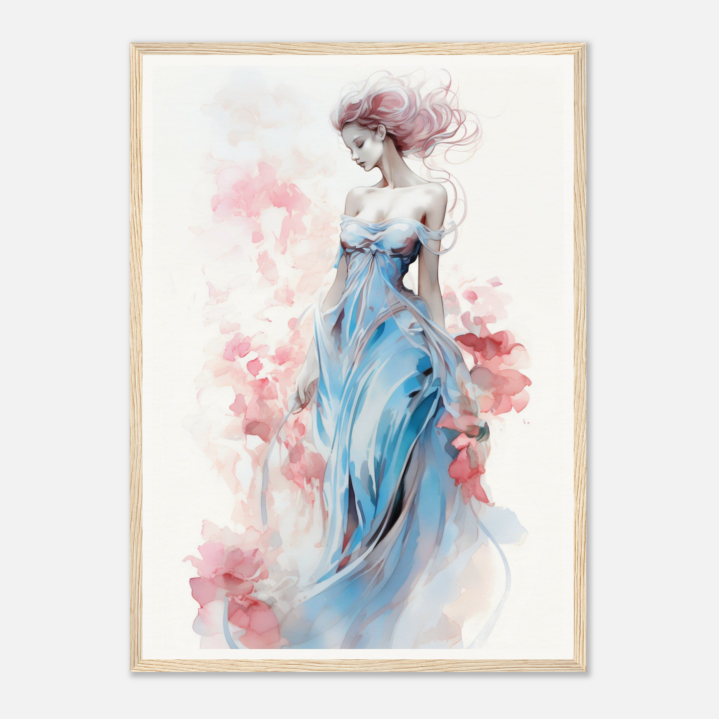 Watercolor painting of a woman in a flowing blue dress with pink floral accents.