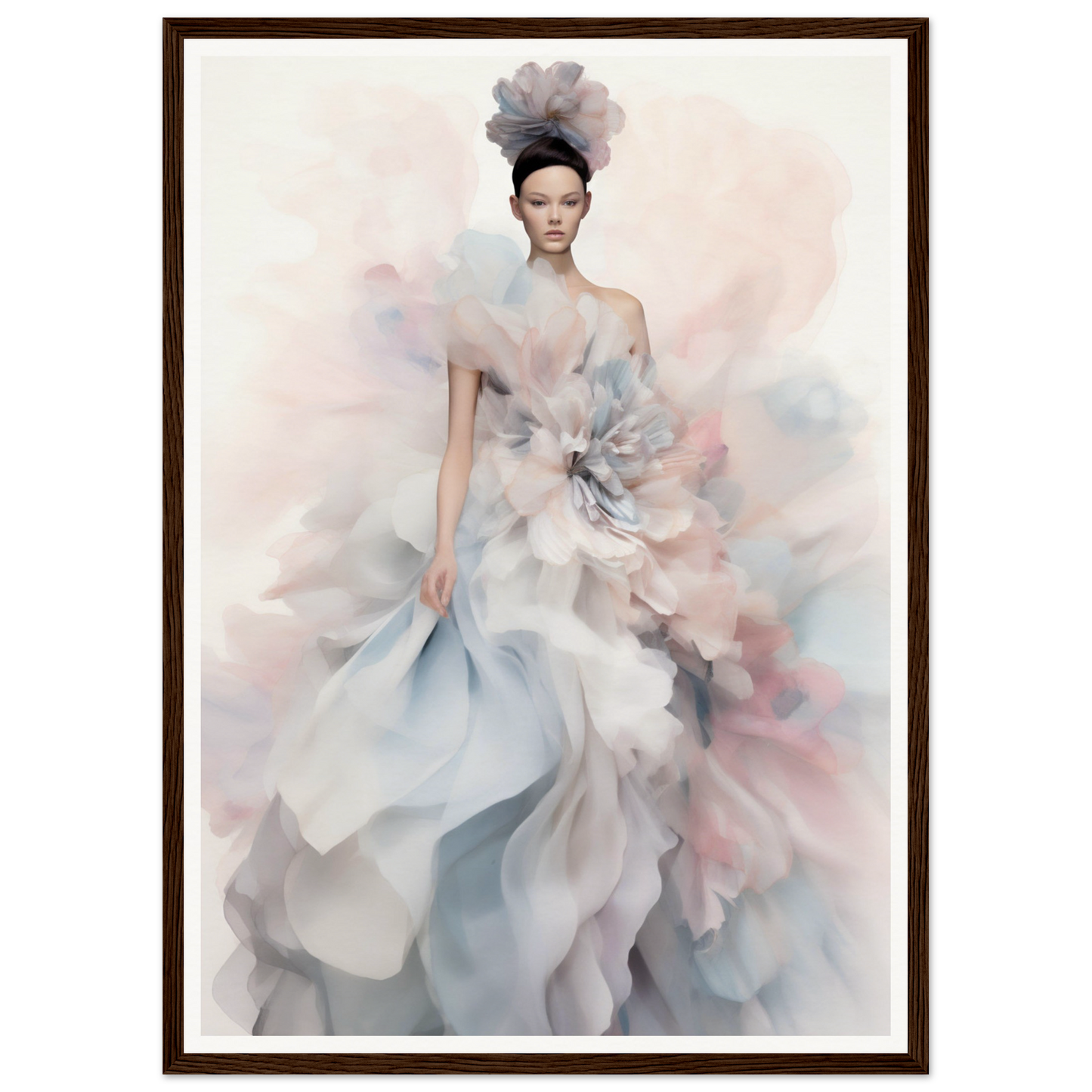Ethereal fashion illustration of a figure in a flowing, pastel-colored gown with floral accents.