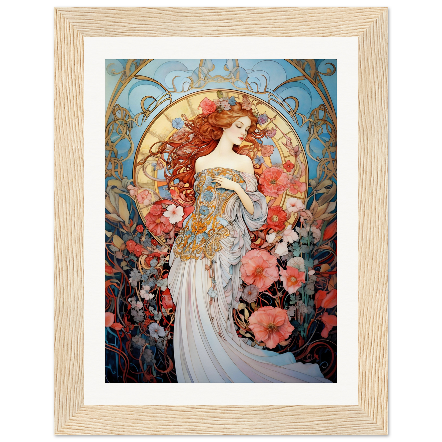 Art Nouveau-style painting of a woman surrounded by flowers in a decorative frame.