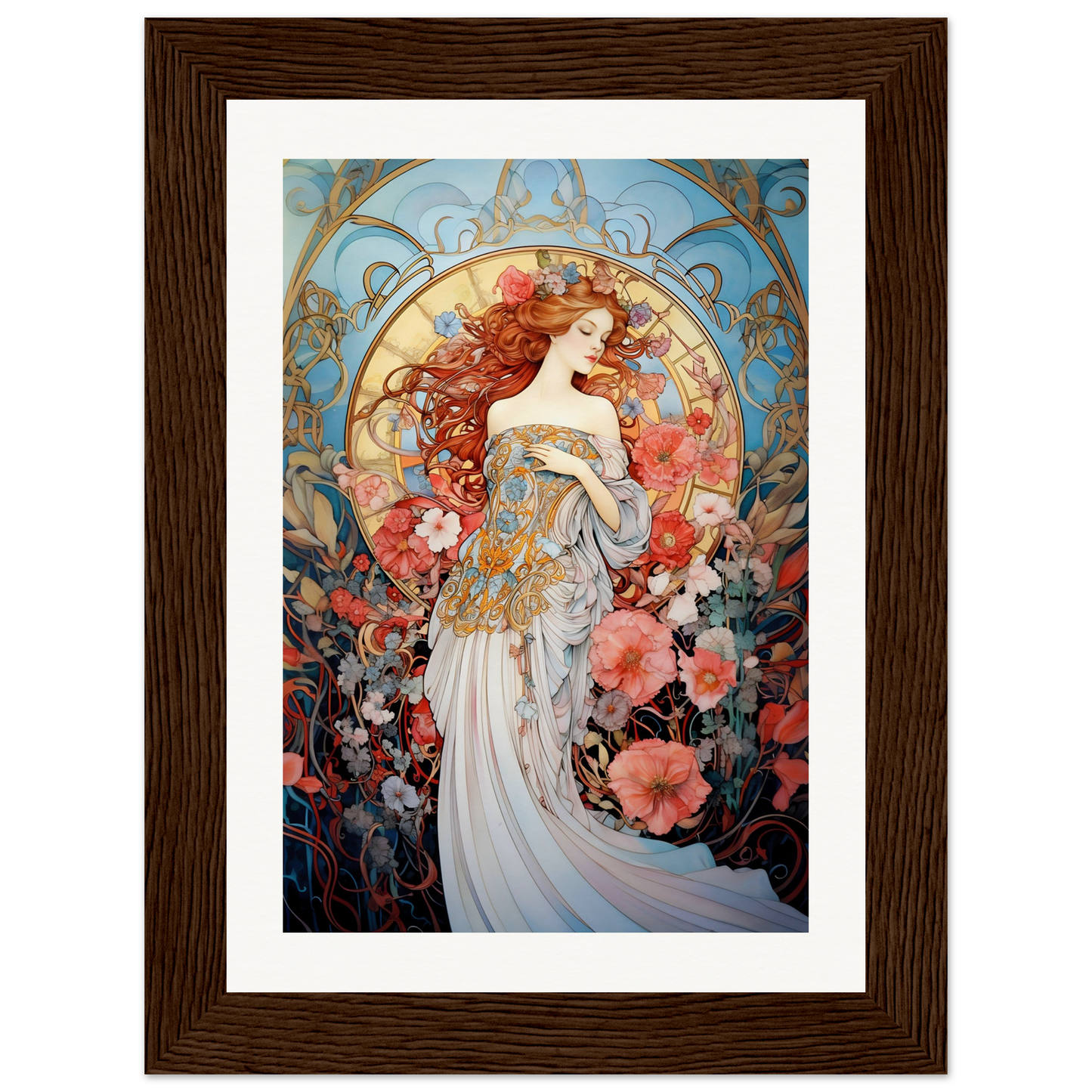 Art Nouveau-style painting of a woman surrounded by floral motifs and decorative elements.