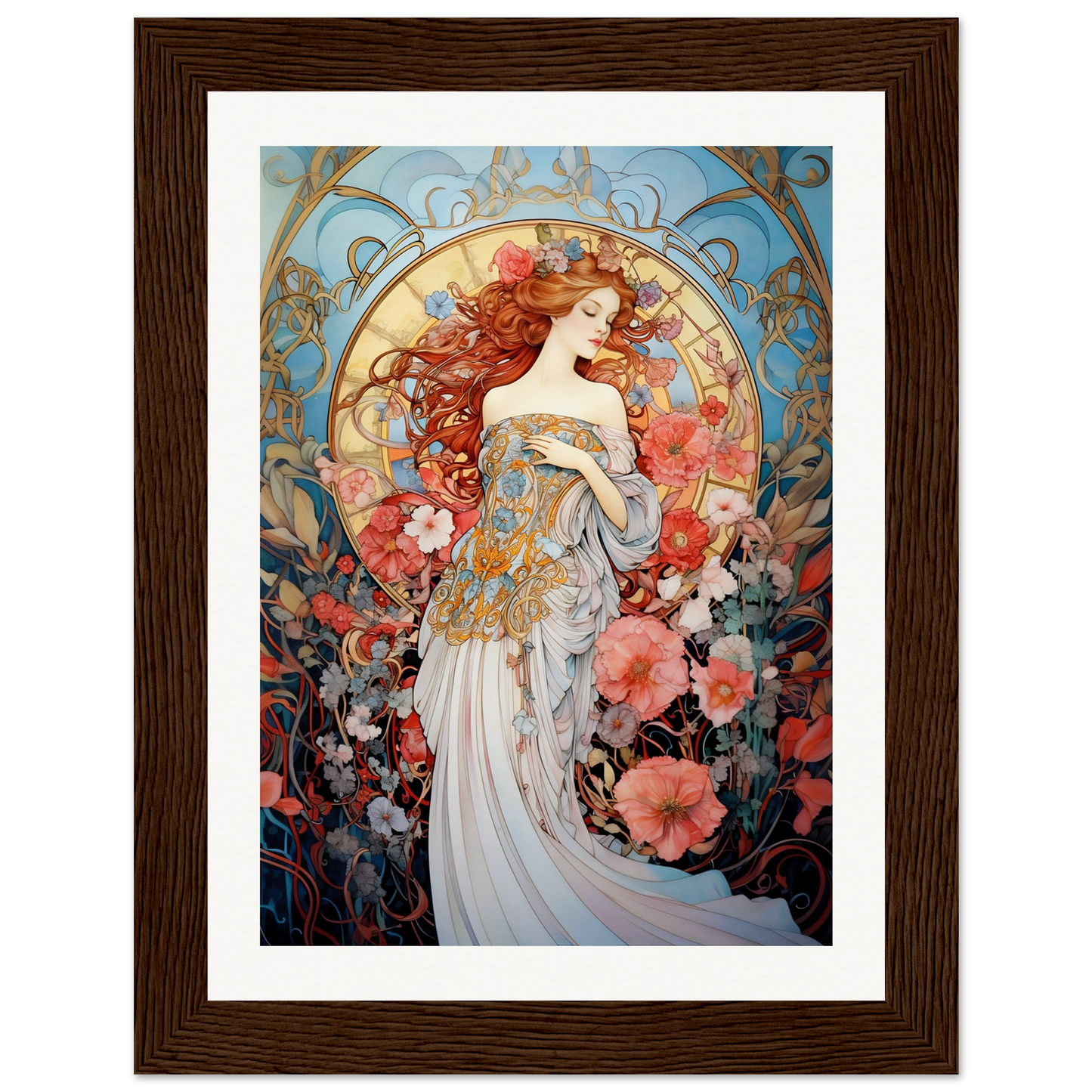 Art Nouveau-style painting of a woman with flowing red hair surrounded by floral motifs.
