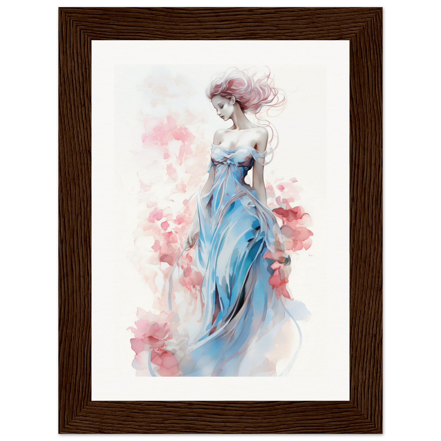 Watercolor painting of a woman in a flowing blue dress with pink accents.