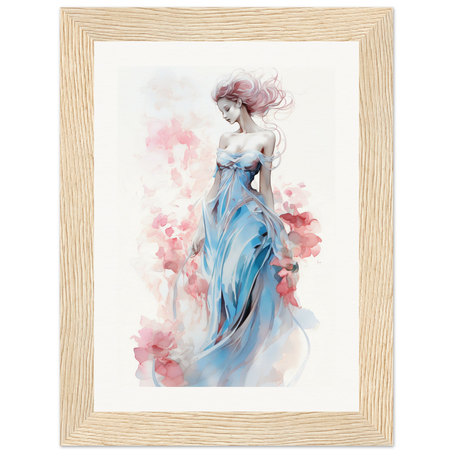 Watercolor painting of a woman in a flowing blue dress with pink accents.