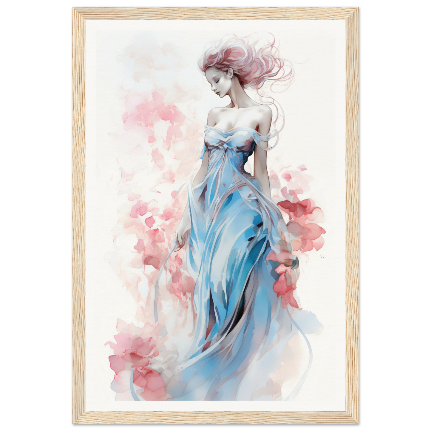 Watercolor painting of a woman in a flowing blue dress with pink floral accents.