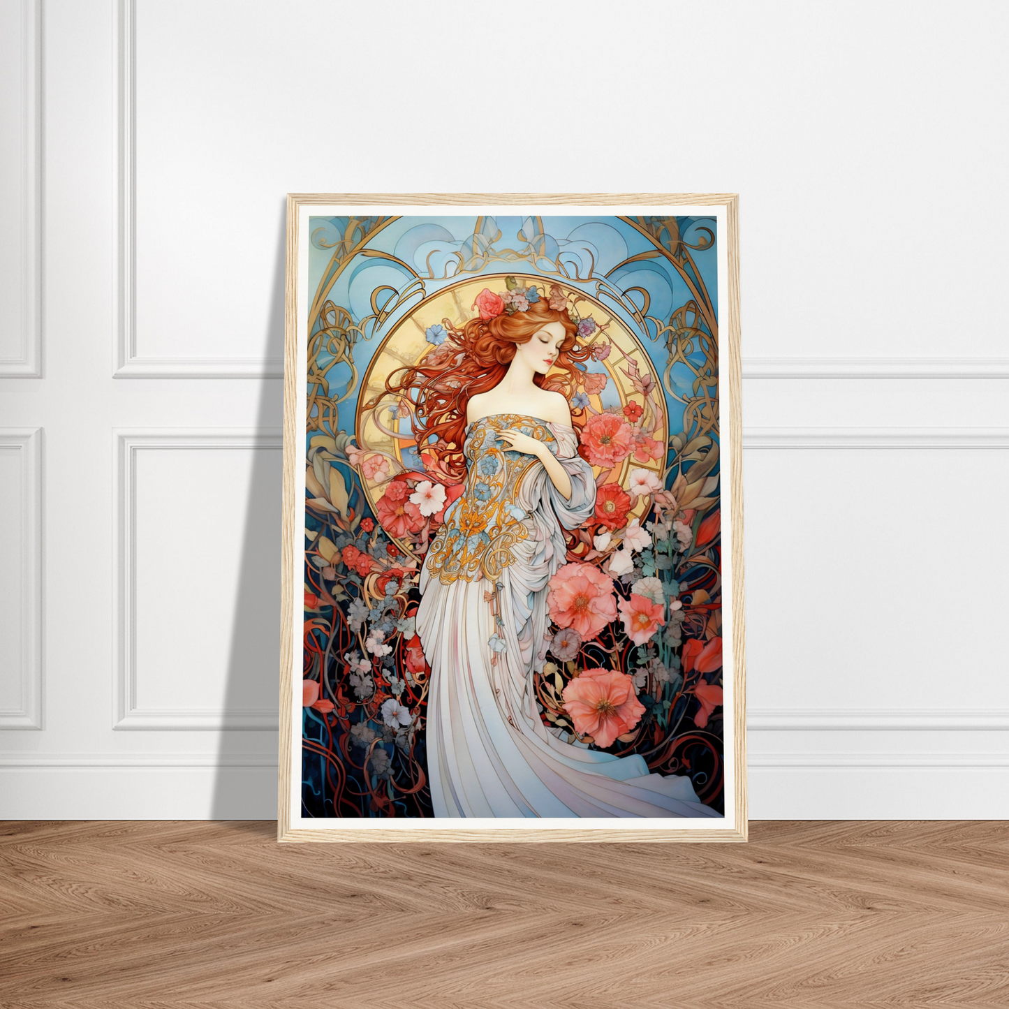 Framed Art Nouveau-style painting depicting a woman surrounded by vibrant flowers and ornate designs.
