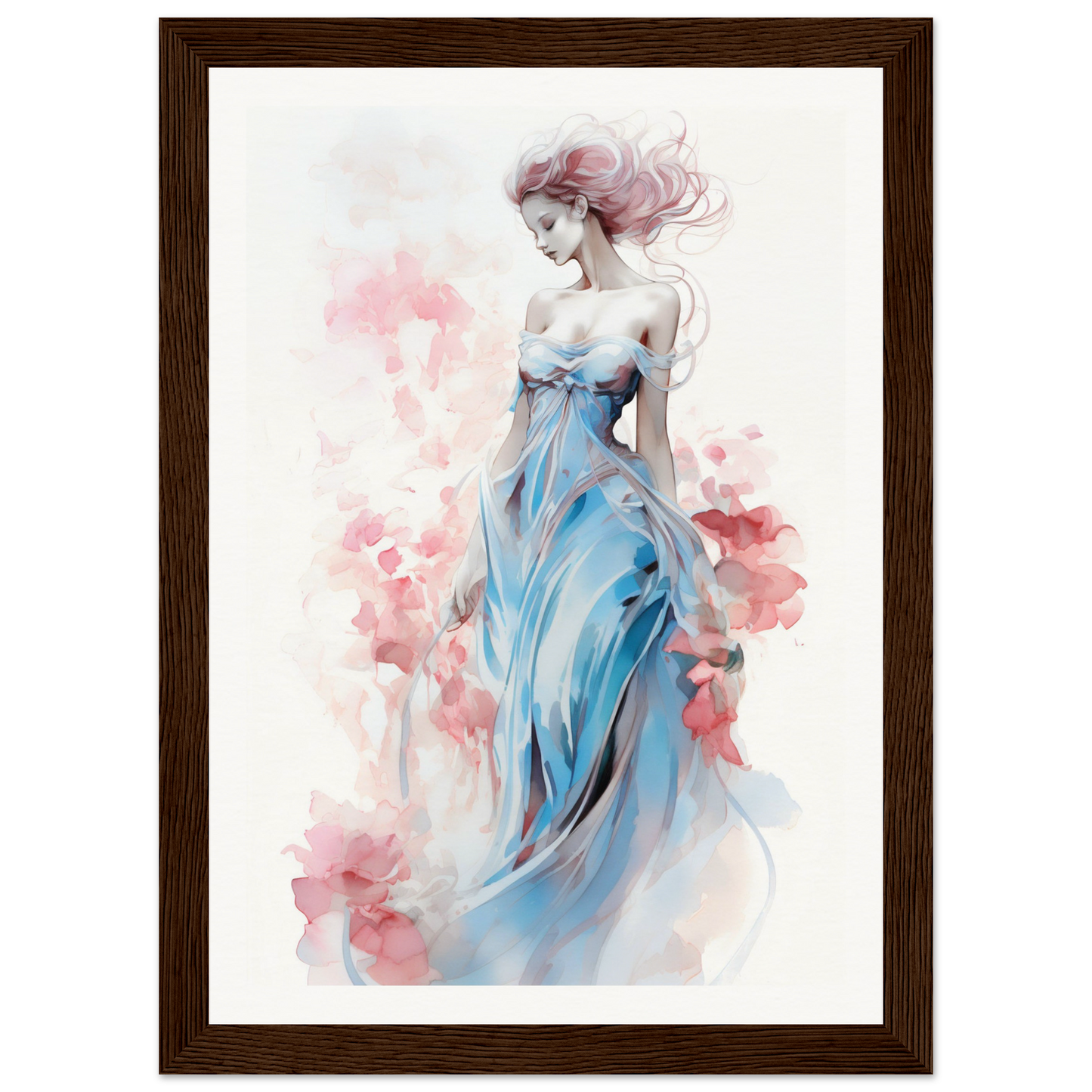 Watercolor painting of a woman in a flowing blue dress surrounded by pink floral elements.