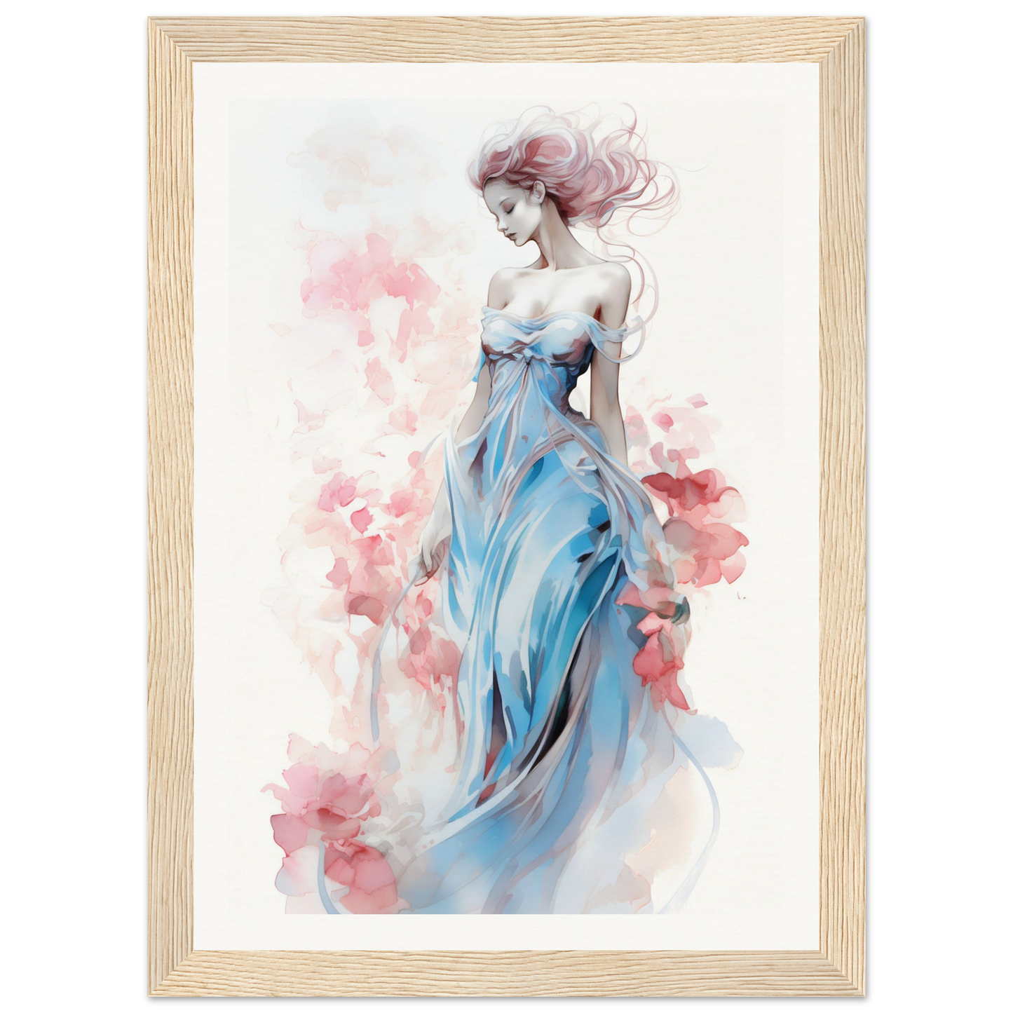 Watercolor painting of a woman in a flowing blue dress surrounded by pink floral elements.