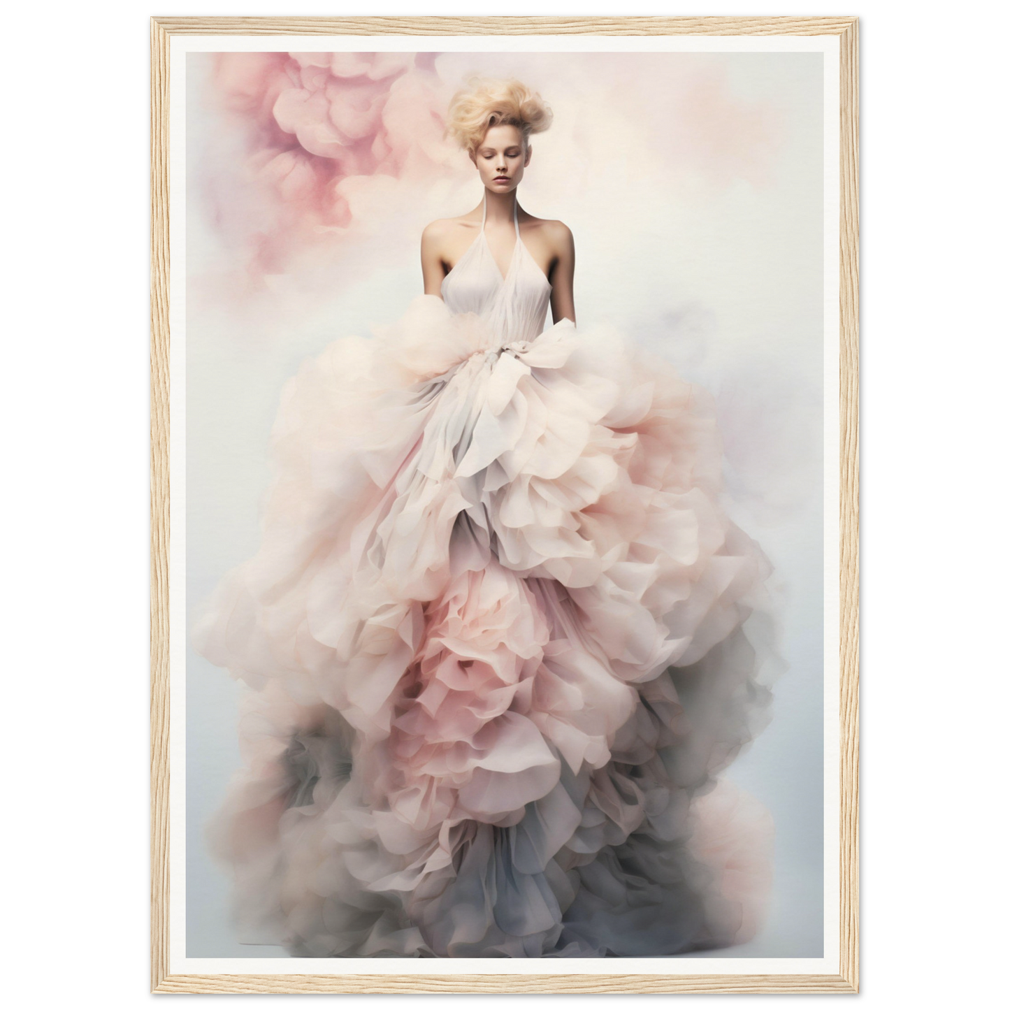 Ethereal woman in a flowing, voluminous gown with soft pink and white ruffles.