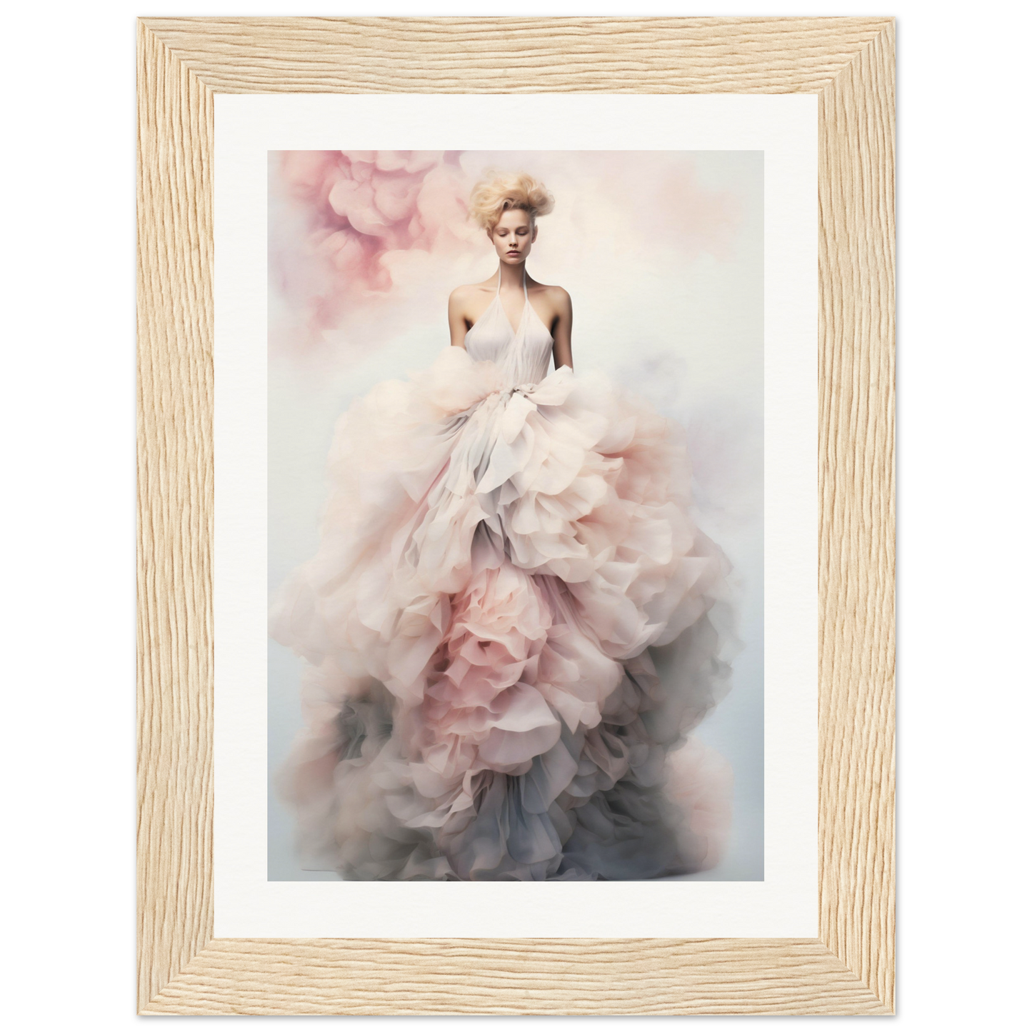 Ethereal figure in a flowing, voluminous pink and white gown.