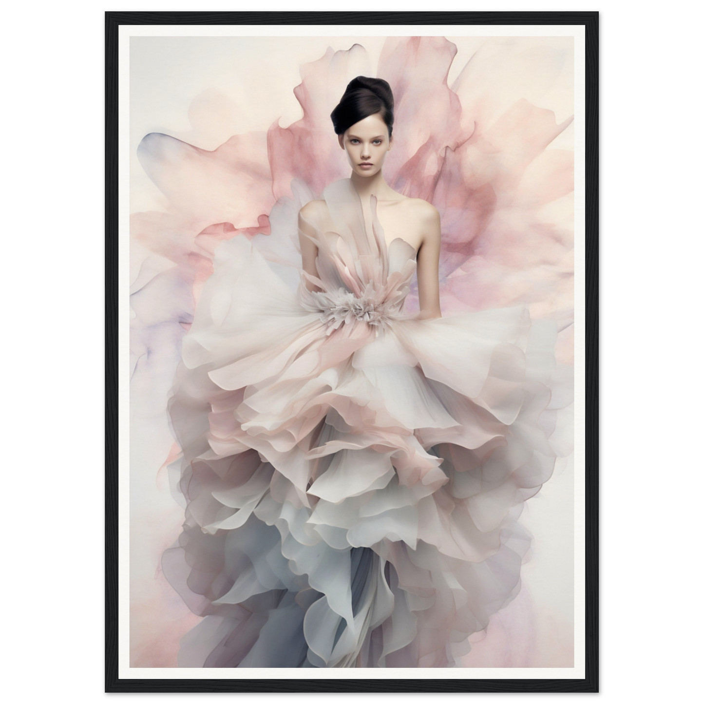 Ethereal figure in a flowing, multi-layered dress with soft pastel colors.