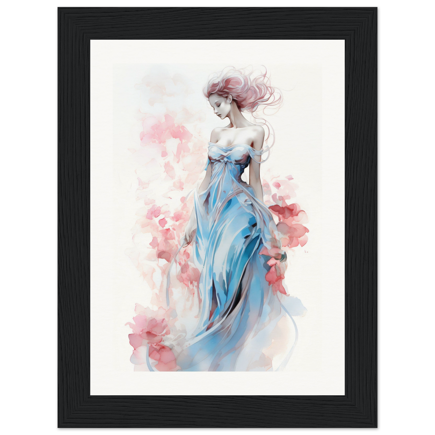 Watercolor painting of a woman in a flowing blue dress with pink floral accents.