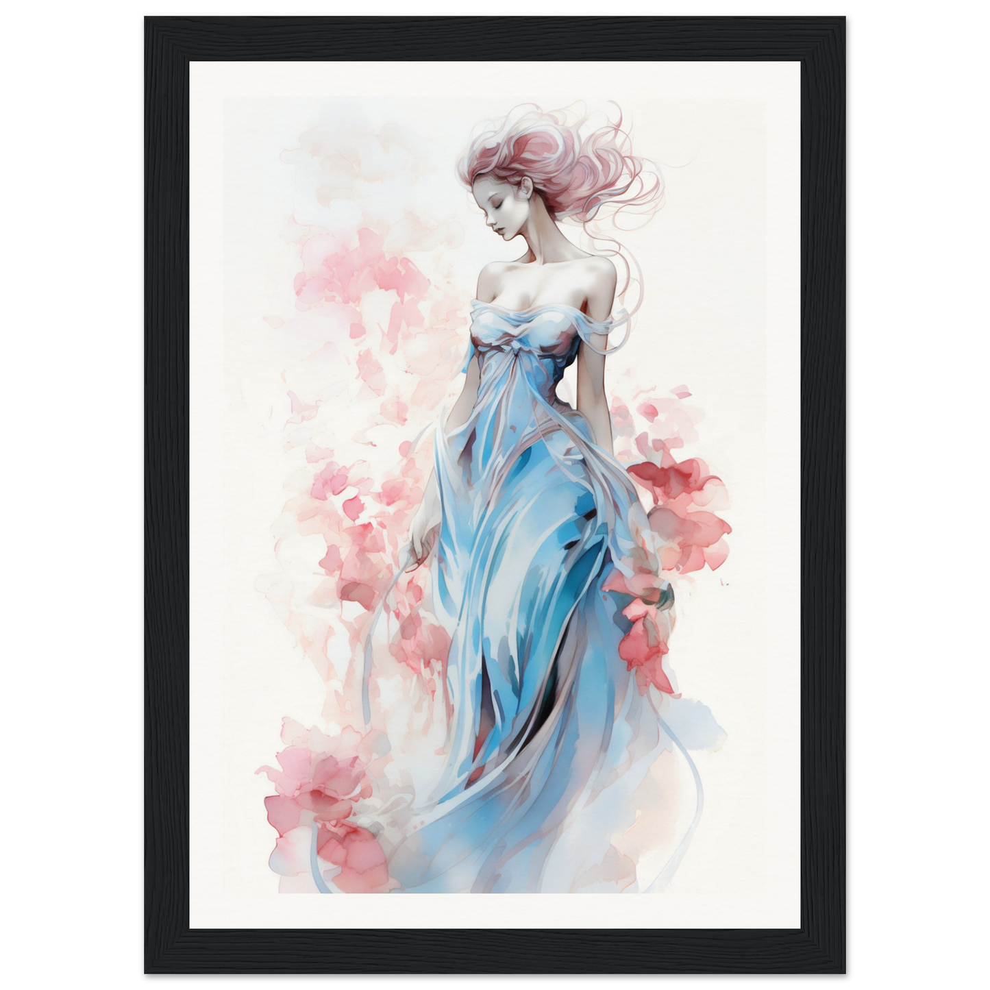 Watercolor painting of a woman in a flowing blue dress surrounded by pink floral elements.