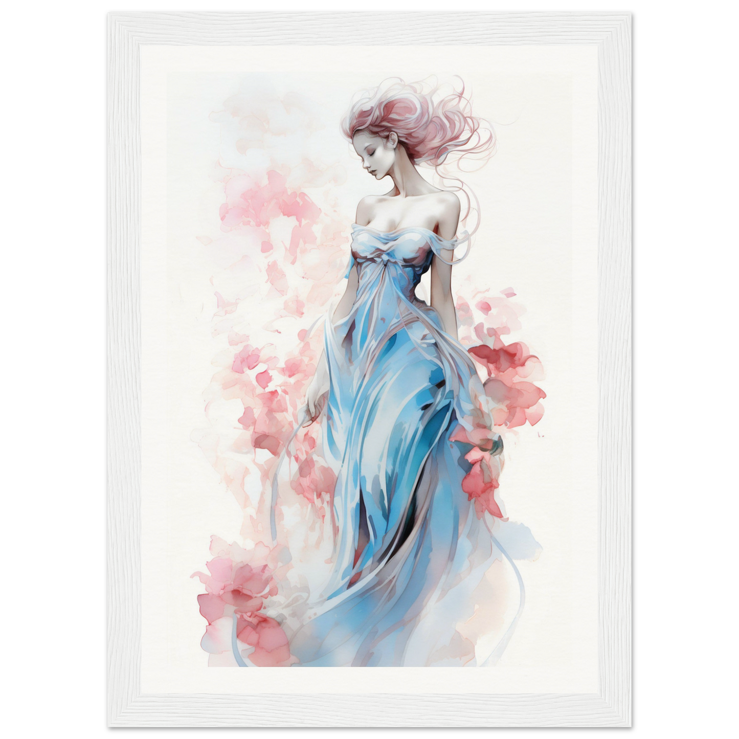 Watercolor painting of a woman in a flowing blue dress surrounded by pink floral elements.