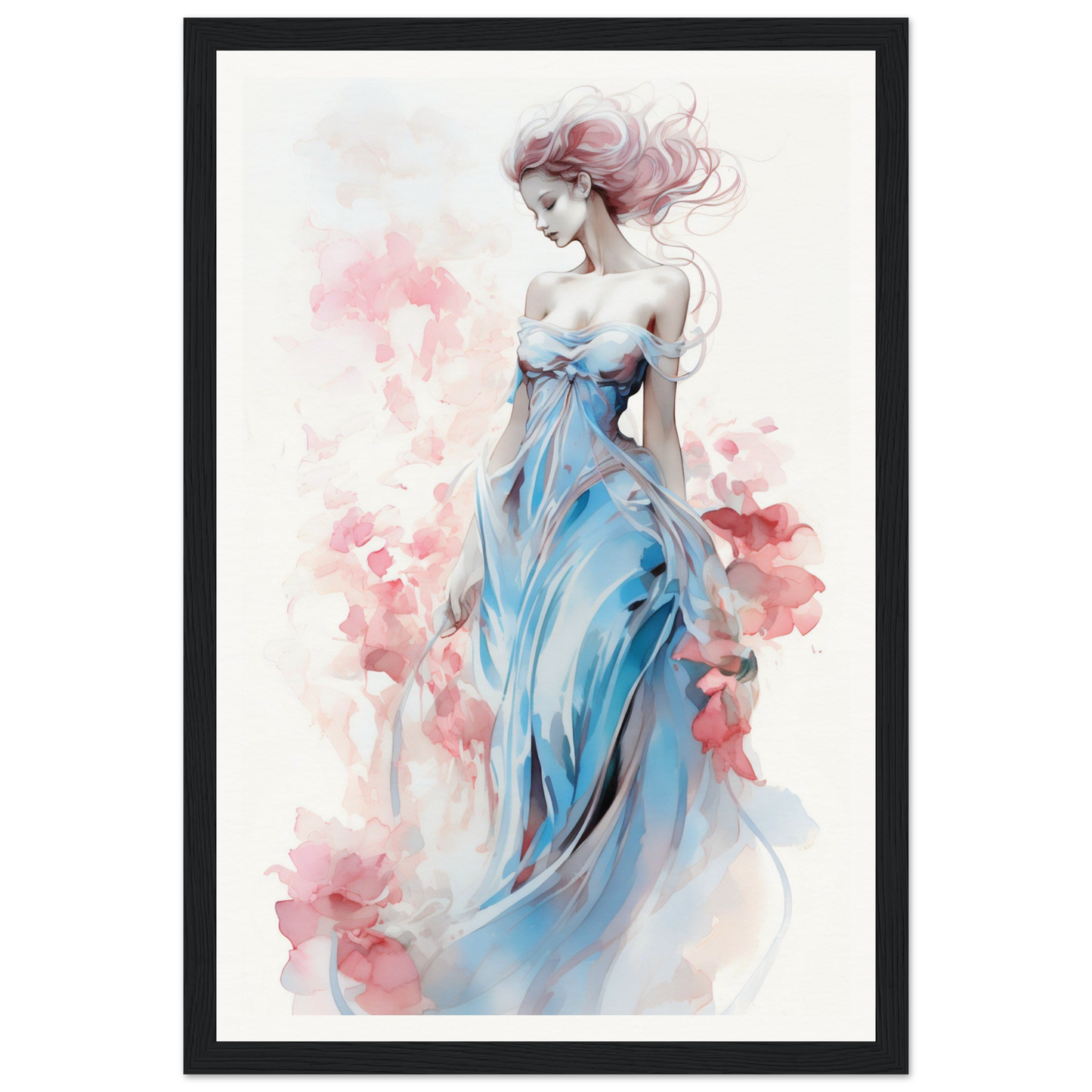 Watercolor painting of a woman in a flowing blue dress with pink accents.