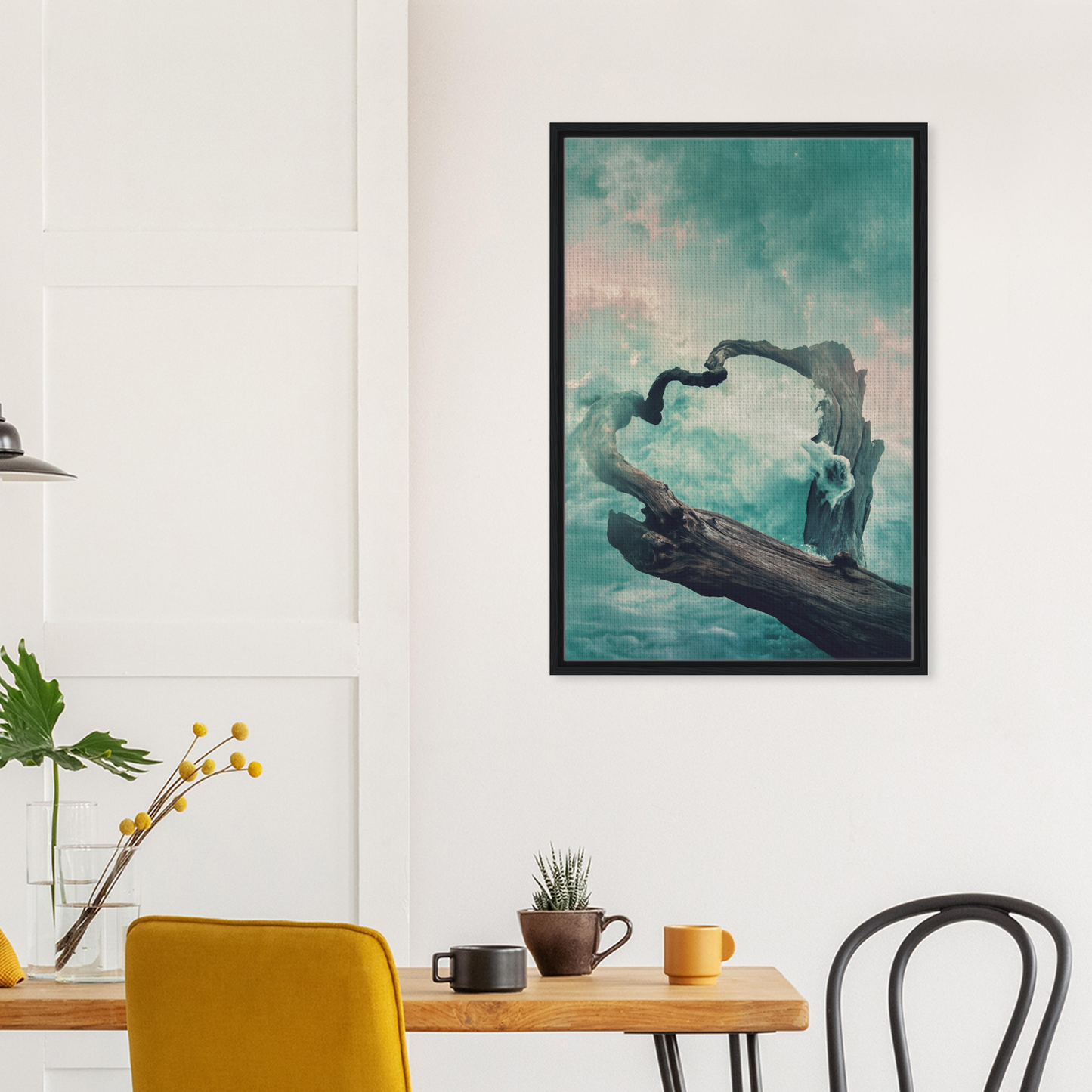 Framed surrealist artwork of a figure pouring water, titled Drifted Heart Serenade