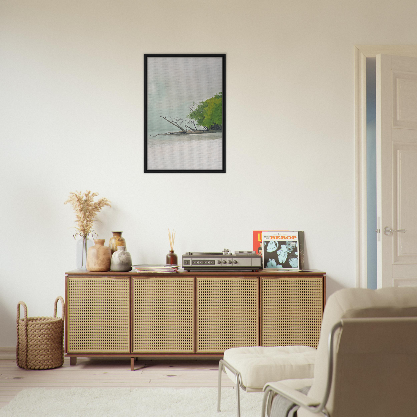 Wooden sideboard with cane-webbed doors, styled from Driftwood Dance room decor