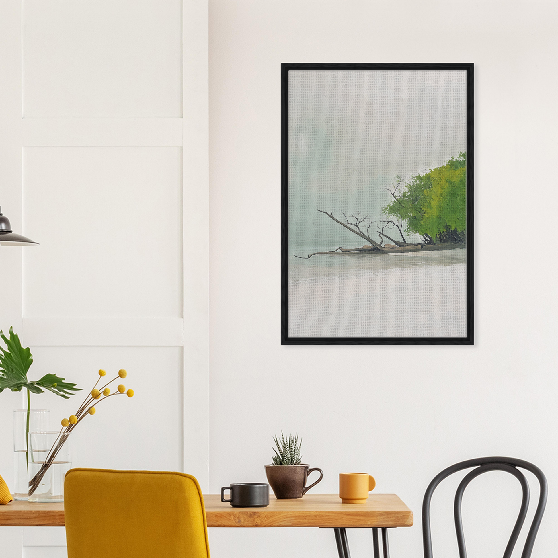 Framed canvas print of Driftwood Dance features a barren tree and lush green foliage