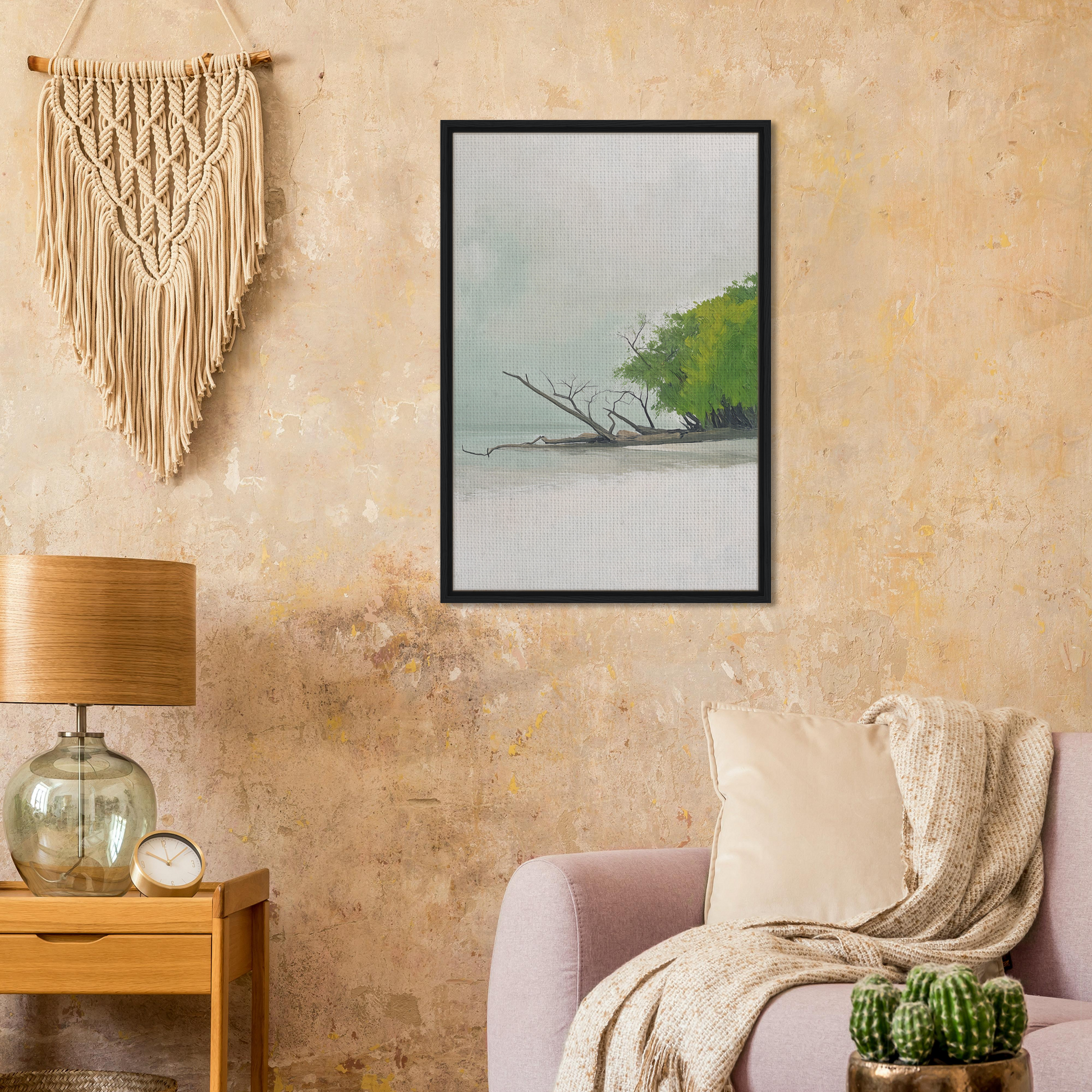 Framed canvas print of Driftwood Dance, Eternity featuring a misty landscape scene