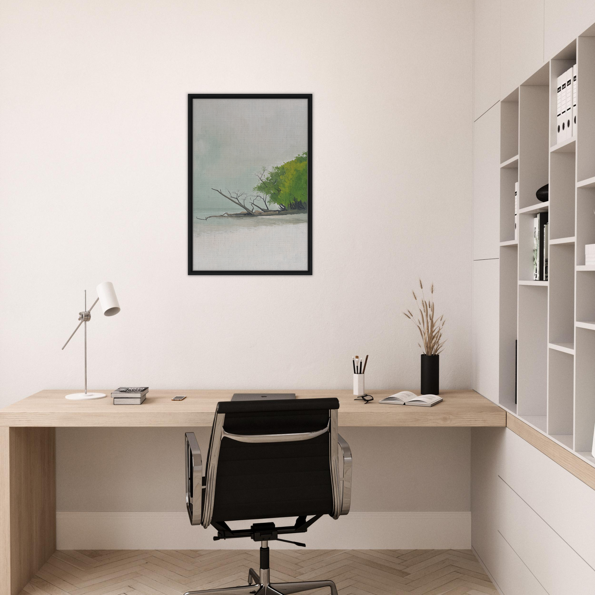 Minimalist home office desk with a black chair in Driftwood Dance room decor
