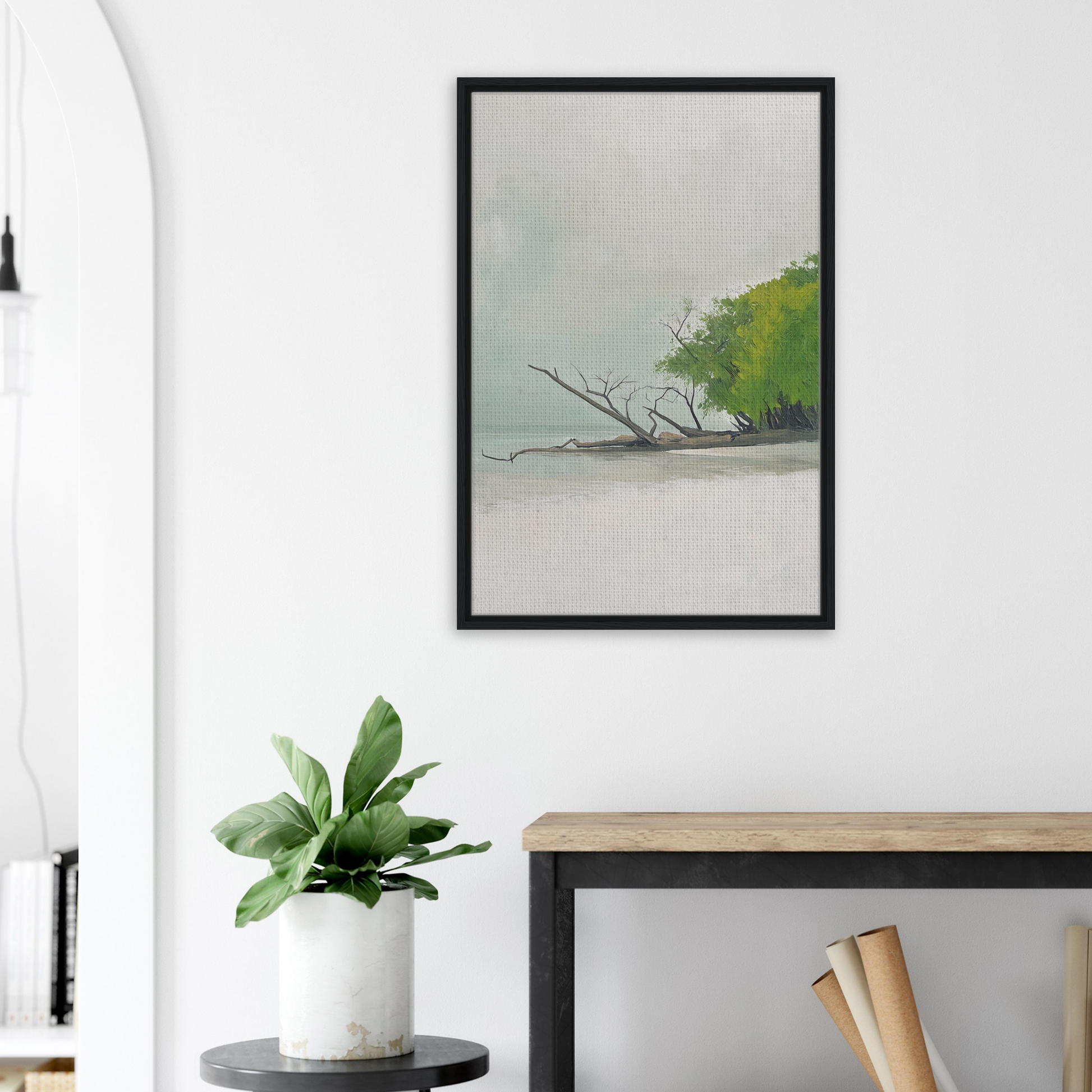 Framed canvas print of Driftwood Dance featuring a fallen tree branch and green foliage