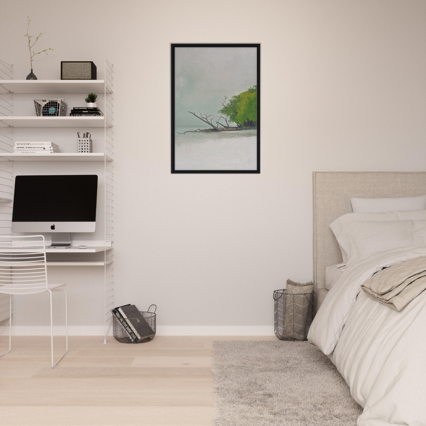 Minimalist bedroom featuring Driftwood Dance framed canvas print and floating shelves