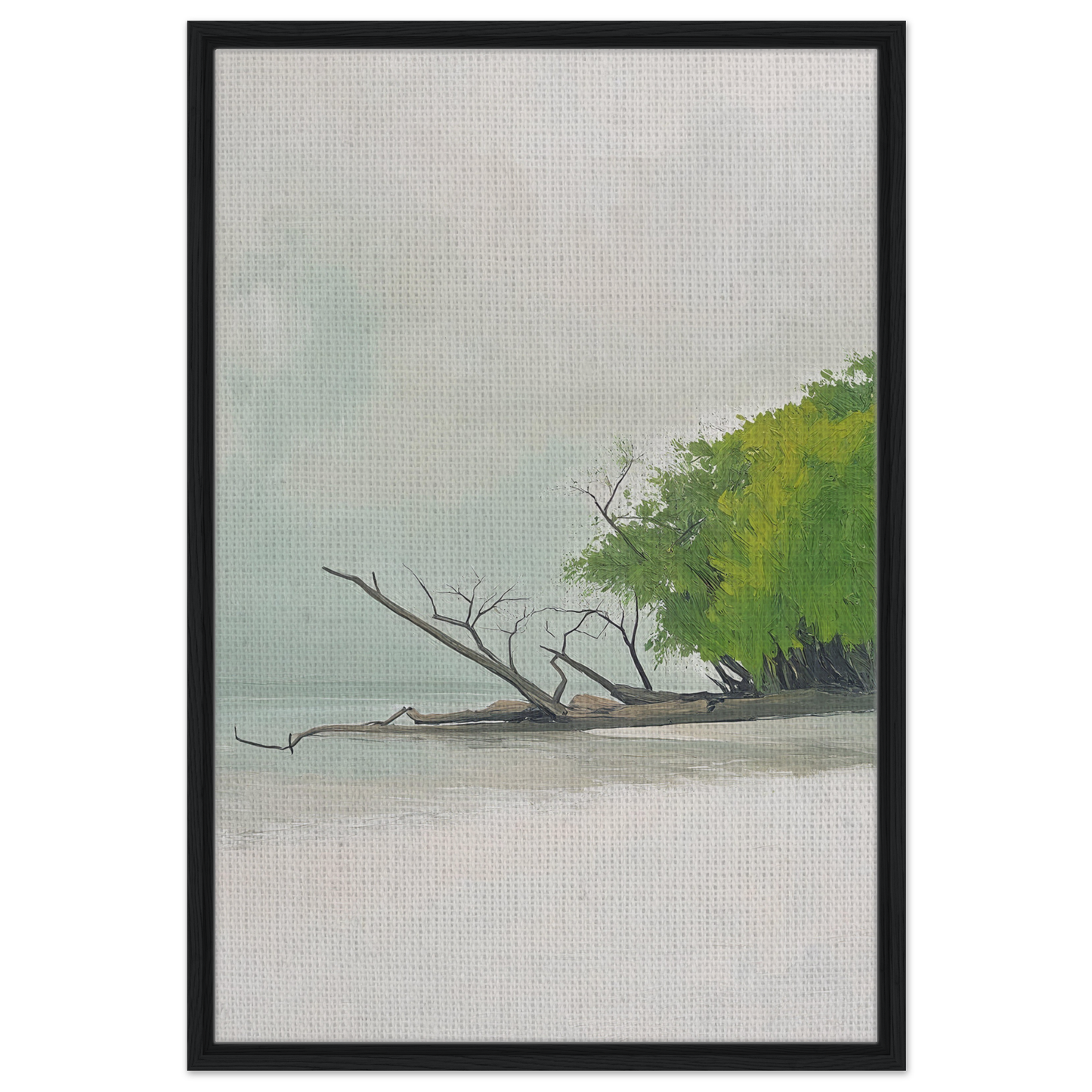 Framed painting of a misty landscape exemplifying Driftwood Dance room decor