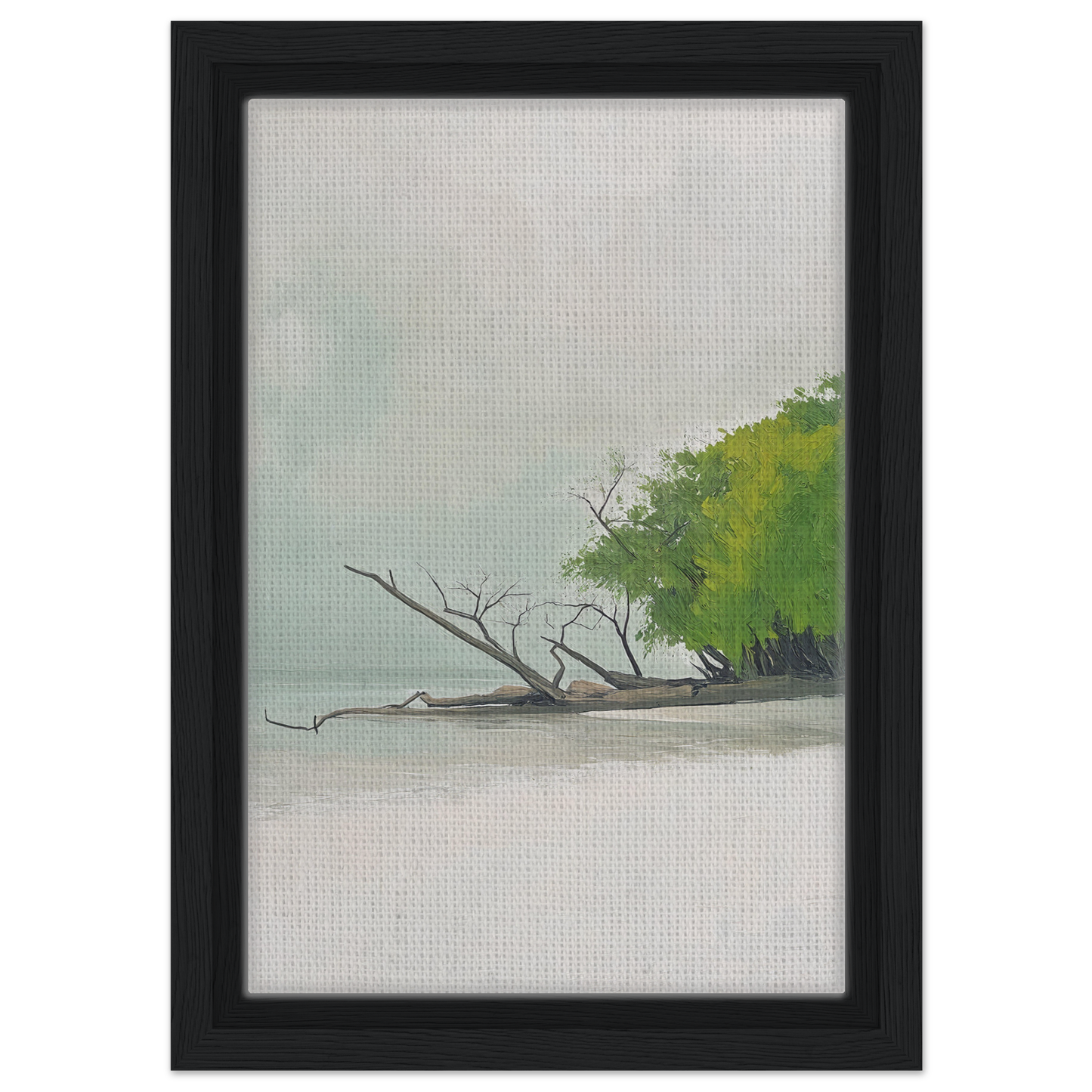Framed painting titled Driftwood Dance depicting a misty shoreline for elegant room decor
