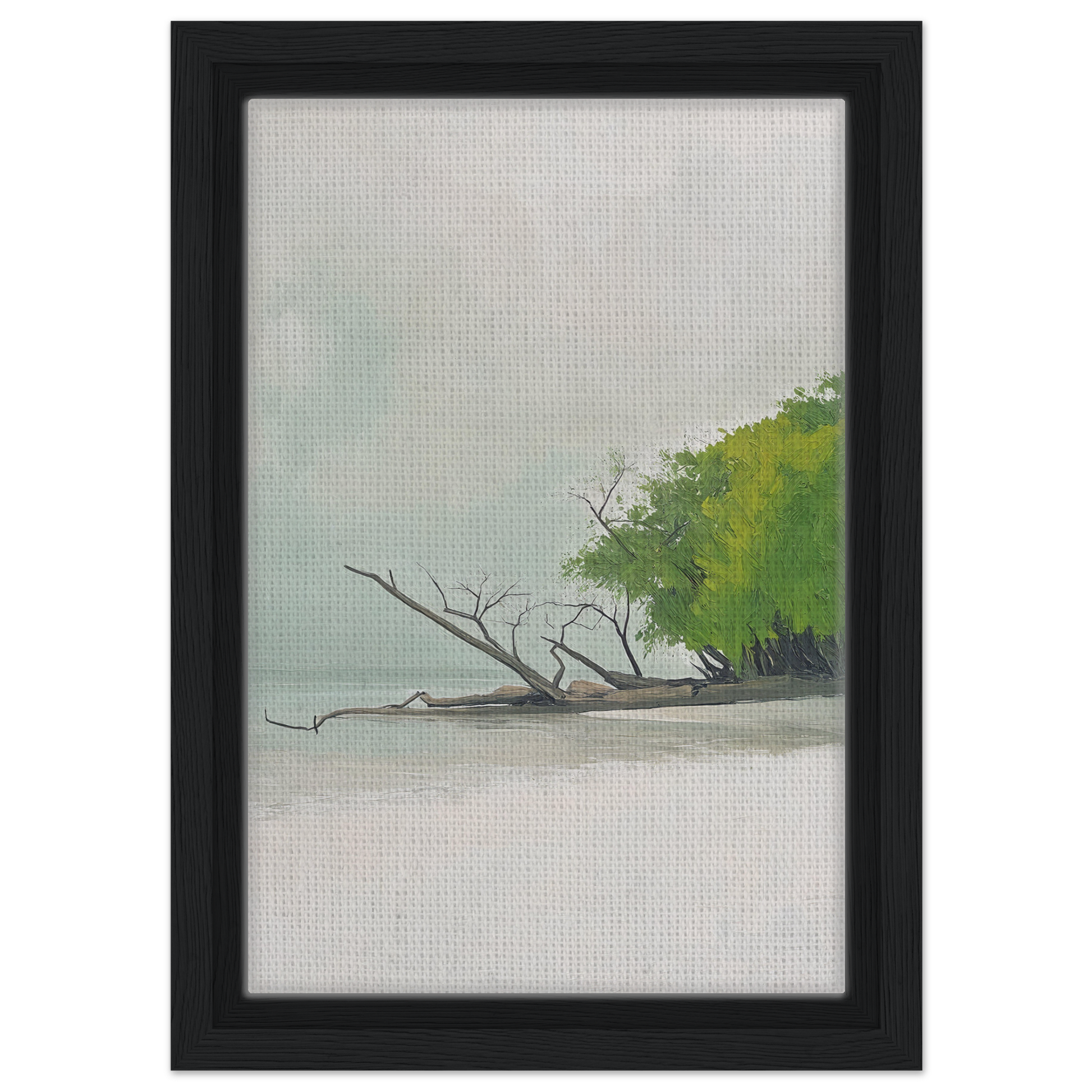 Framed painting titled Driftwood Dance depicting a misty shoreline for elegant room decor