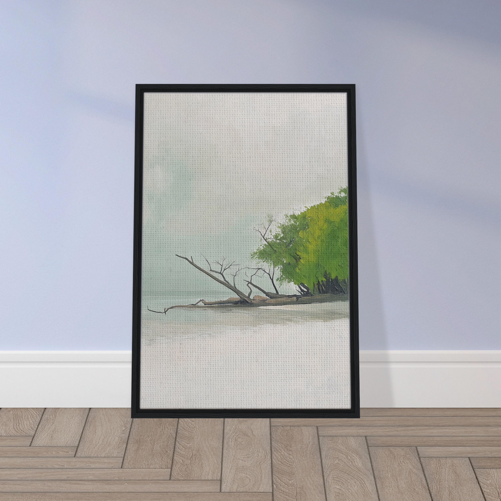 Framed canvas print of Driftwood Dance featuring a minimalist landscape and foliage