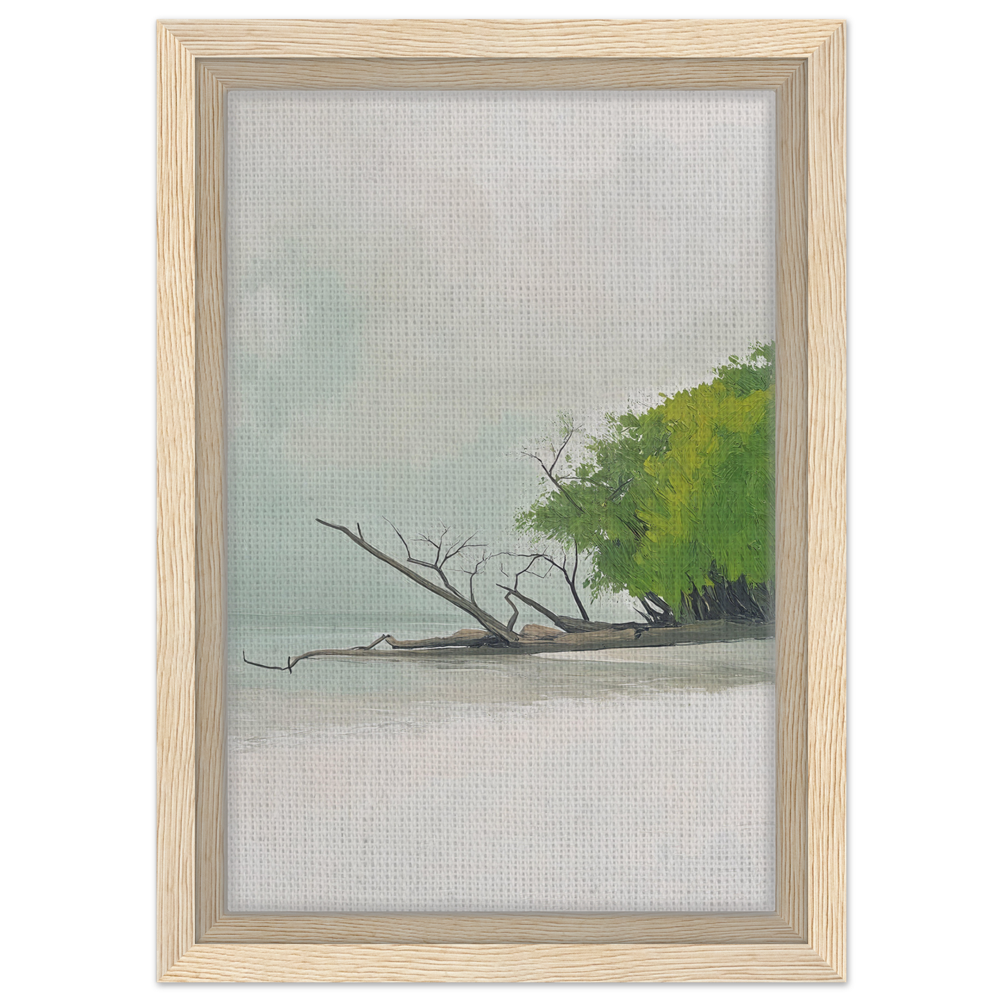 Framed canvas print of Driftwood Dance in a misty landscape with lush foliage
