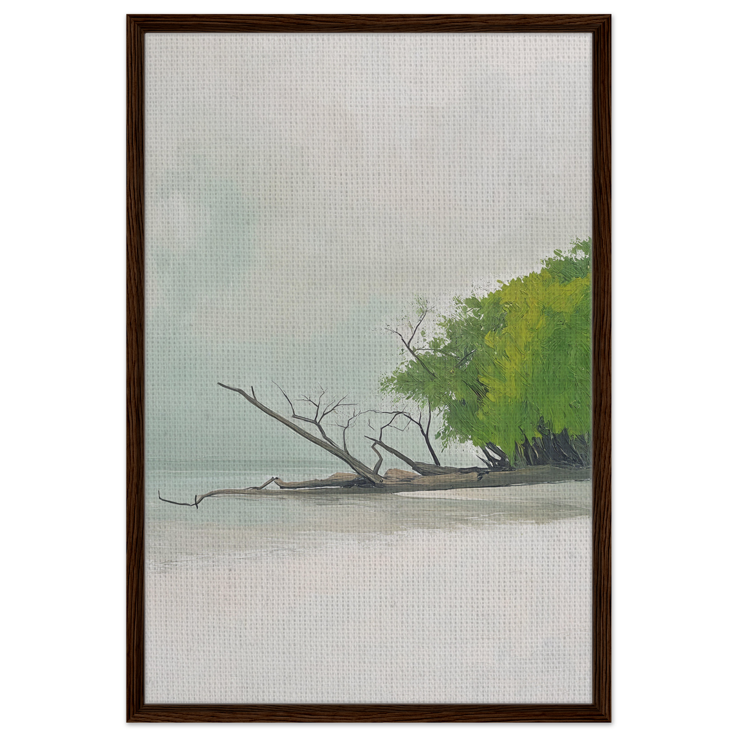 Framed canvas print of Driftwood Dance featuring a serene waterscape with lush foliage