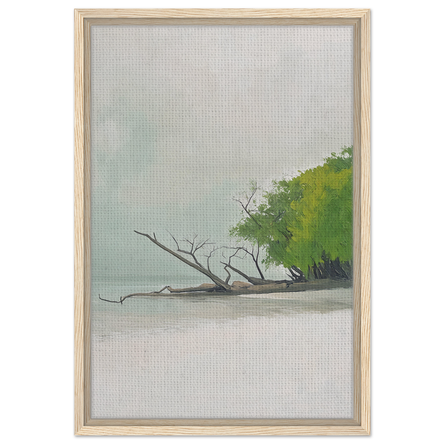 Framed canvas print of Misty Landscape featuring Driftwood Dance on tranquil water