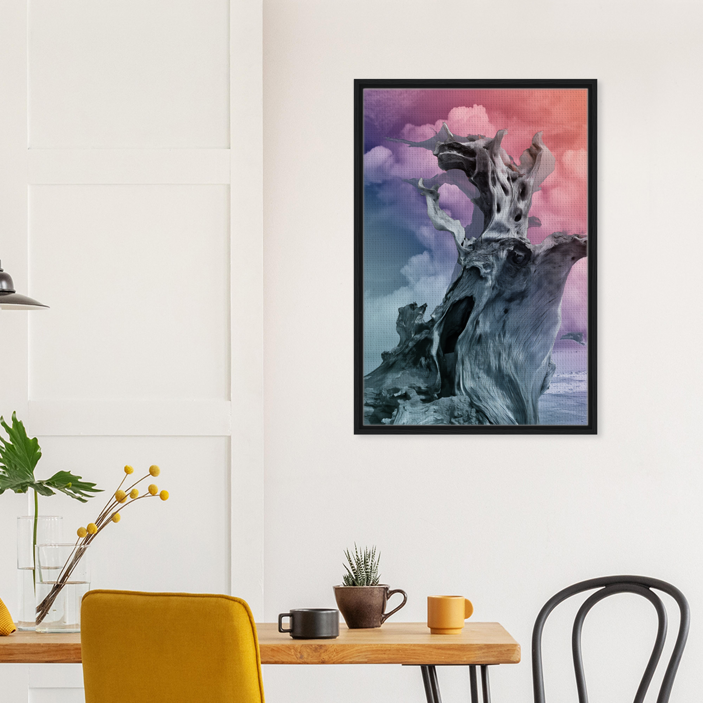 Framed canvas print of Driftwood Dreams with a vibrant swirling ethereal landscape