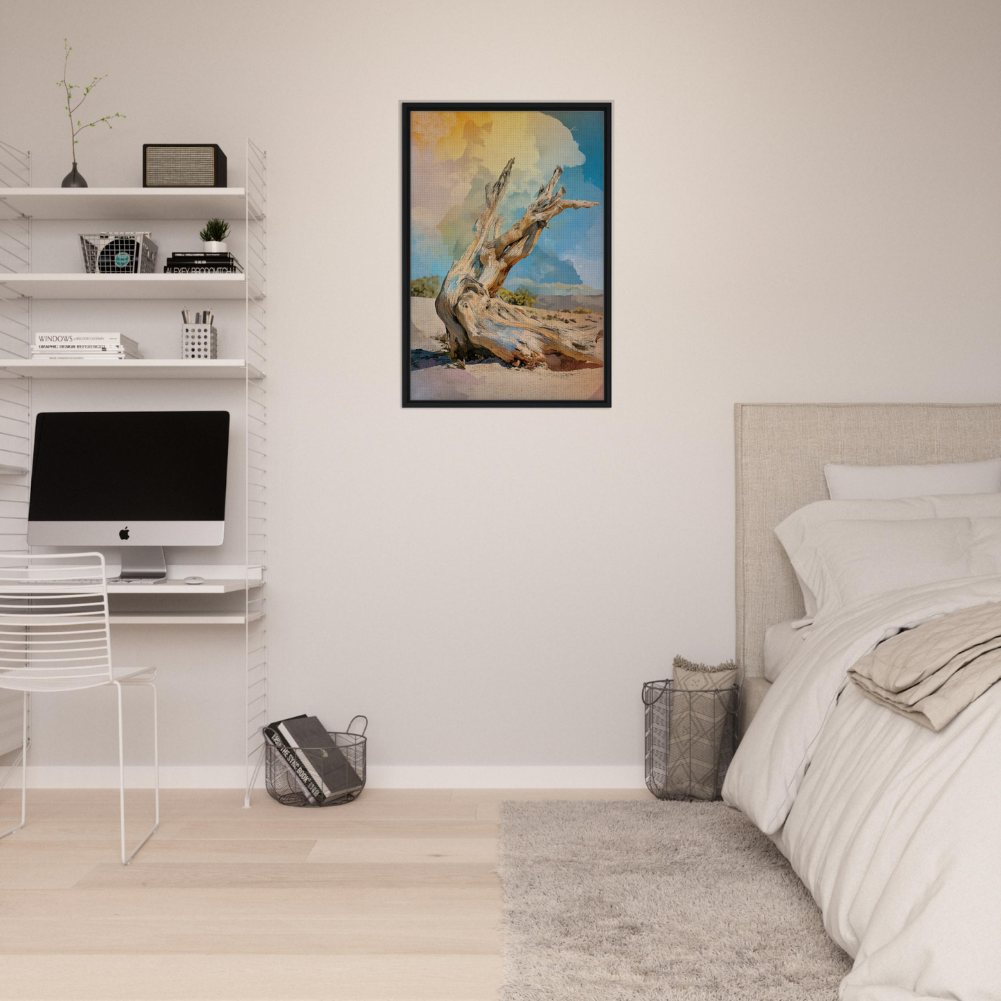 Framed abstract painting of a gnarled tree against a colorful sky for Driftwood Sky-Surge